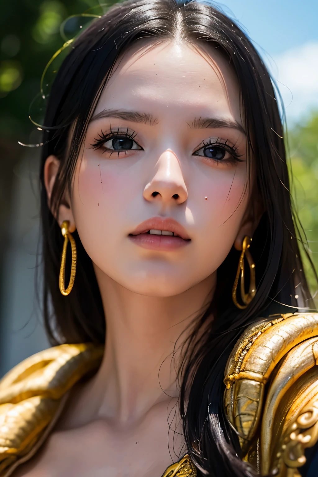 (masterpiece), (best quality), (realistic), Nikon RAW photo, Fujifilm XT3, (detailed, 21 years old young lady captain, big eyes, snake golden earring, looking away), sensual, (ultra detailed), 8k, 4k, intricate, upper_body, detailed_face, best lighting, outdoors, makeup, bleach background, low rise,(masterpiece, best quality:1.4), (face focus:1.5), outside, (near the sea), 1girl, solo, hancock1, 1girl, boa hancock, ((big breasts:1.6)), cleavage, long hair, epaulettes, cape, (white cape:1), crop top, long sleeves, side slit, (european youth woman:1), looking at viewer, beautifull smile, beautiful face, highly detailed face, highly detailed eyes, subsurface scattering, realistic pupils, full face blush, full lips, detailed background, depth of field, volumetric lighting, sharp focus, absurdres, realistic proportions, (realistic, hyperrealistic:1.4), 16k hdr