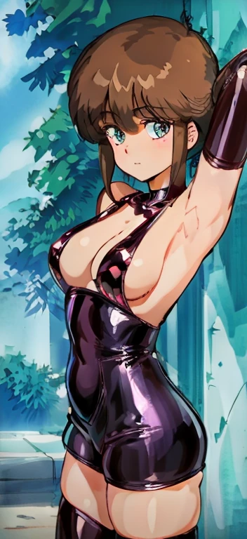 best quality, (masterpiece:1.2), highly detailed, standing, street,
1girl, solo,
looking at the viewer, closed mouth, smile, slight blush,
blue eyes, brown hair, sleeveless, ((the girl is dominatrix and she is wearing latex outfit, she is dominant and merciless)),  cowboy_shot 