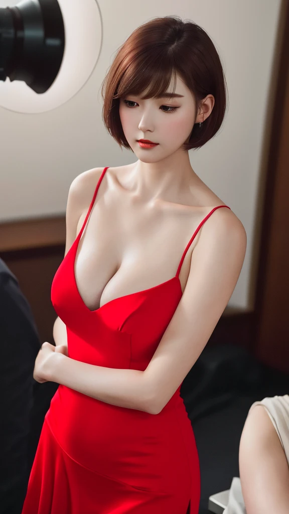 Professional photography, 16K, ultra realistic, super detailed, high resolution, best quality, head: 1.3, 1girl alone, (Korean K-pop idol), pale-brown short hair, hair fringe, silky hair, pale-white skin, illuminated skin, realistic shading, realistic textures, sharp focus, ( cinema lighting), clavicle, Morning, soft light, dream aesthetic, dream atmosphere, dynamic angle, [: (face detail:1.2):0.2], natural big breasts, tight slit, beautiful red dress, hot slim, mid-chest, cleavage, slim body whole, slim belle, proportional hip, thick thighs, different positions in various types of angles. 