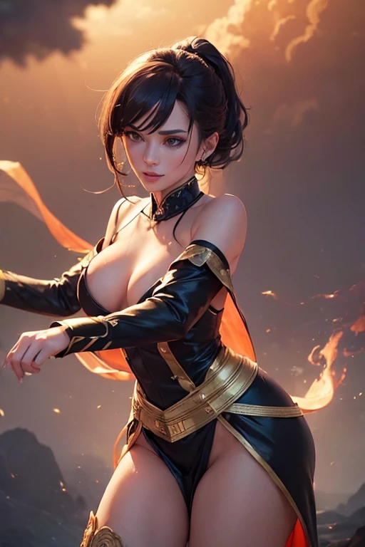 (master piece:1.8), (best quality:1.8), (exquisite lighting and shadow, highly dramatic picture, cinematic lens effect) 8k, wallpaper, looking at the viewer, open arms, female ponytail gold hair thin and short fantasy witch wearing a smooth and futuristic black mini dress with gold ornaments and gold lines, thin waist, hips, red ribbon in waist, beautiful blue eyes, beautiful lips, beautiful smile, shiny red flame behind, clouds and sky background, ethereal lightning, sharp focus