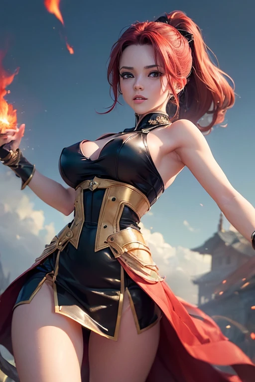 (master piece:1.8), (best quality:1.8), (exquisite lighting and shadow, highly dramatic picture, cinematic lens effect) 8k, wallpaper, looking at the viewer, open arms, female ponytail gold hair thin and short fantasy witch wearing a smooth and futuristic black mini dress with gold ornaments and gold lines, thin waist, hips, red ribbon in waist, beautiful blue eyes, beautiful lips, beautiful smile, shiny red flame behind, clouds and sky background, ethereal lightning, sharp focus