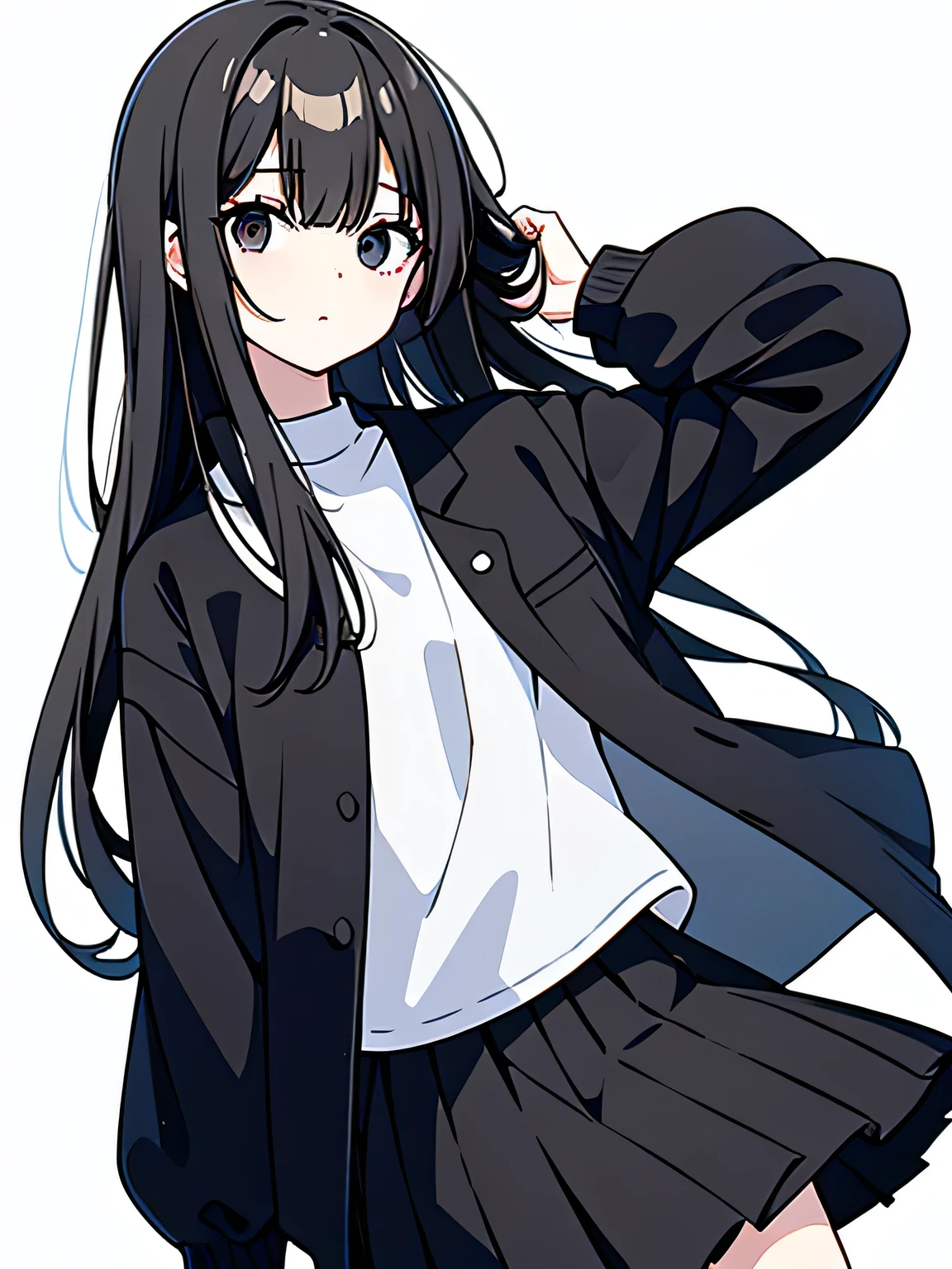 Black Hair、Black Eyes、Straight Hair、Black jacket、White Skirt、Casual clothing、White background