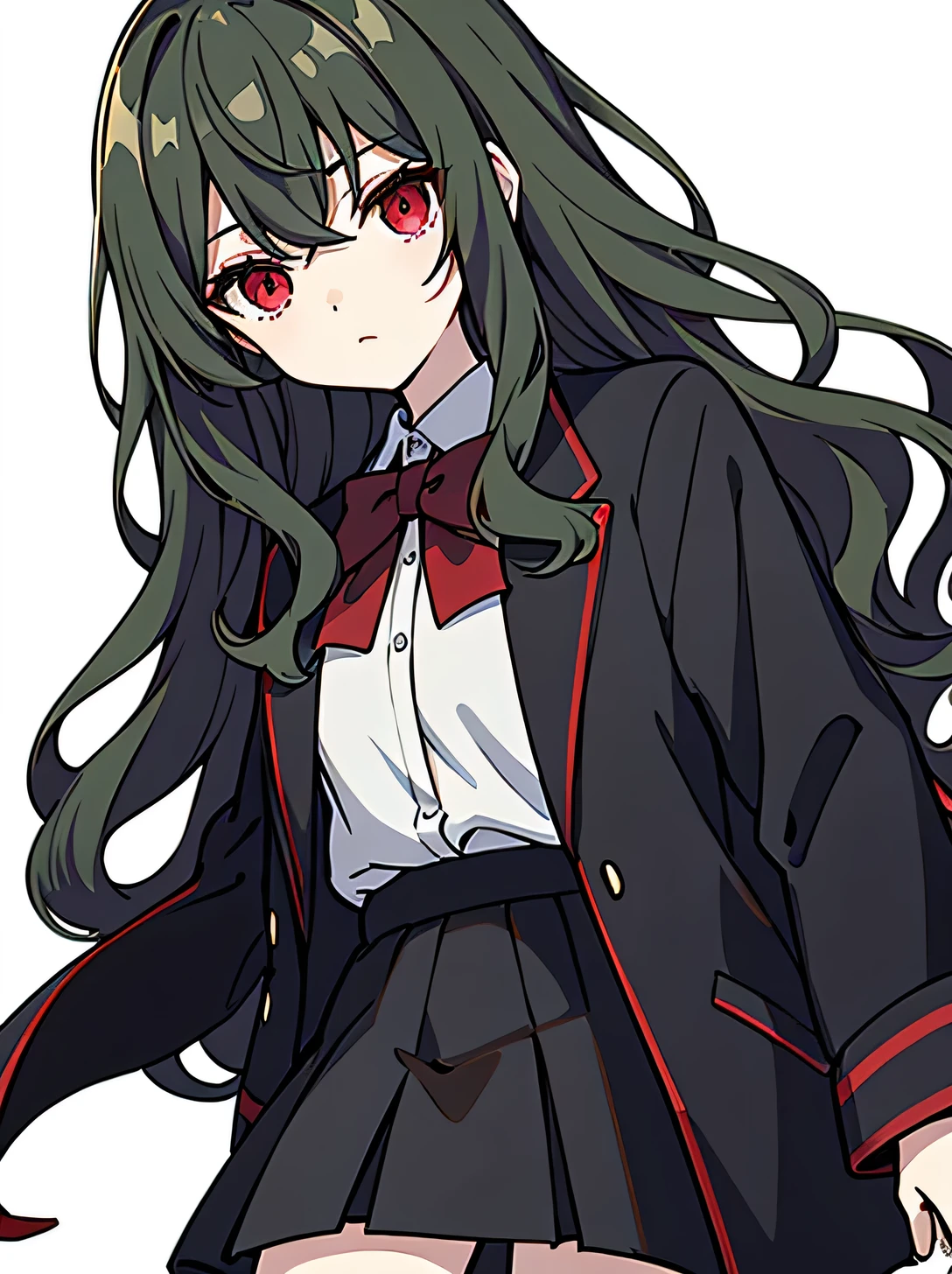 Dark green hair、Red Eyes、Wavy Hair、Black jacket、White Skirt、Cool clothes、White background