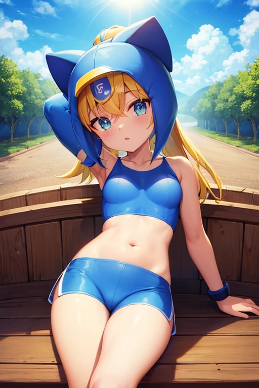 ((16bit)), ((Gamer characters)), ( em 16bit representando os retro games da decada de 90, parecido com o Mega Man) Imagem do busto pra cima e ceu azul com nuvens brancas ao amanhecer e sol brilhante. ((baseado na ultima imagem que criamos)).
