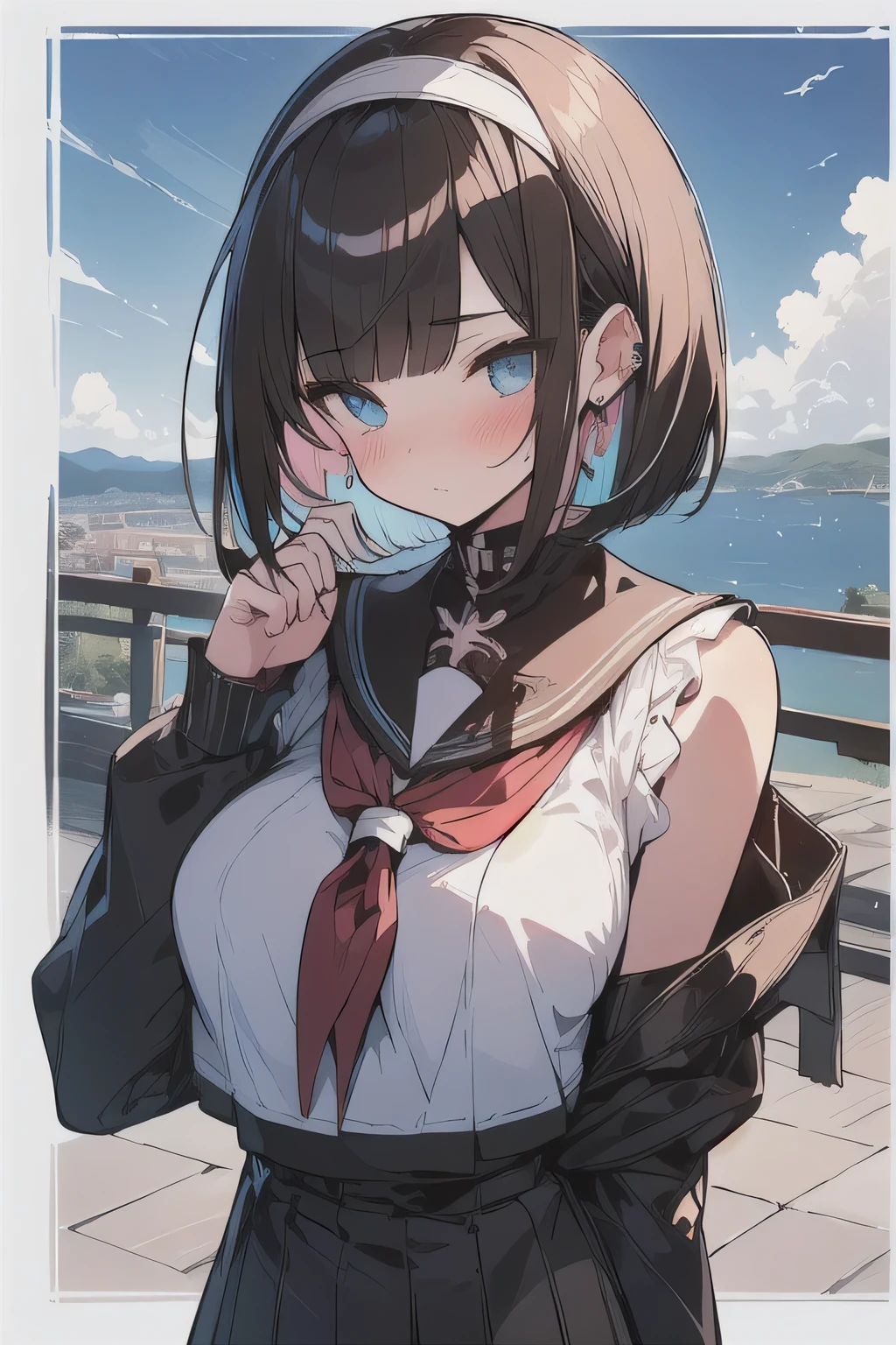 (best quality), (Super detailed), (Best Illustration), (masterpiece), (woman), upper body, (white serafuku), (large breasts), {(detailed eyes), blue eyes}, {brown hair, (sideburns), (bob cut:1.3), curly hair, hairs between eyes, colored inner hair}, blush, earring, hair band, (wind), beautiful sky, (panoramic view:1.4)