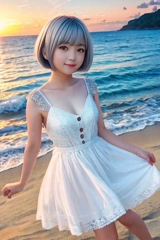 1 girl、Cute face、Gray hair、Bob、short hair、looking at the camera、Small breasts、An ennui look、camisole、dress、Particles of light、((Sunset sea))、Calm sea、White sand beach、Very beautiful sunset、Raw photo 、highest quality、High resolution、High resolution、Masterpiece:1.3、8k、12k、Professional Photographer、