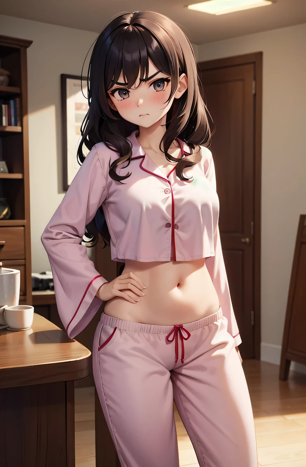 super fine illustration, vibrant colors, masterpiece, sharp focus, best quality, depth of field, cinematic lighting, ultra detailed, sleeves, crop top, pajamas, button up, pajama pants, drawstring, belly button, wide hips, 1 woman, home, solo, milf, very messy hair, dark color hair, long hair, curly hair, blush, room, indoors, pouting, mature female, tall woman, medium breasts, v-shaped eyebrows, hip pose