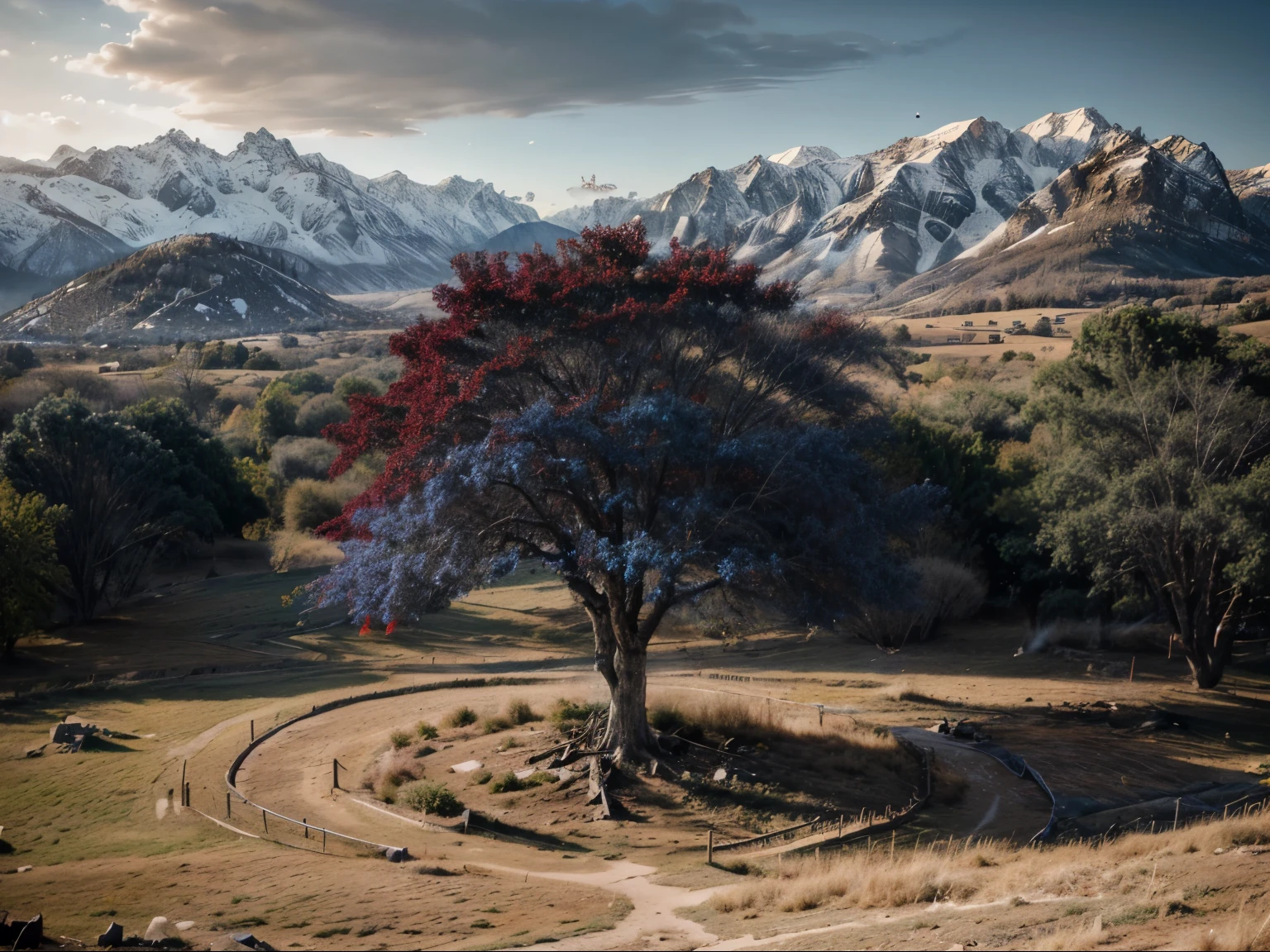 (blue and red Sacred tree rags, Rags color hanging from that):1.4 (The blessings of the tree, tying to the sacred tree, Wishing Tree)
