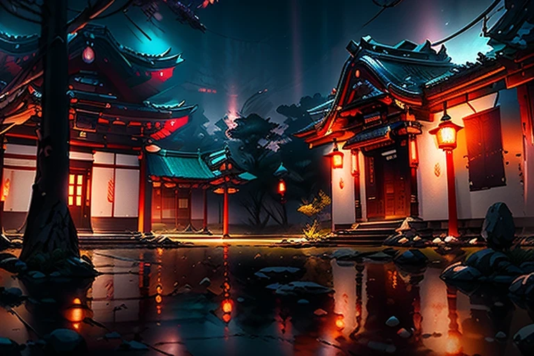 4K 9:16 image: A serene Japanese temple, bathed in the soft glow of twilight. The temple's pristine white walls are contrasted by the lush greenery of the surrounding forest, composed of vibrant shades of green and hints of violet. The temple's peaceful atmosphere is disrupted by the introduction of cyberpunk elements. Glowing neon signs illuminate the night, casting an otherworldly light over the temple grounds. The details of the temple are intricately rendered, with volumetric lighting bringing out the textures of the white walls. The illusory engine adds a sense of depth and dimension to the image, merging the