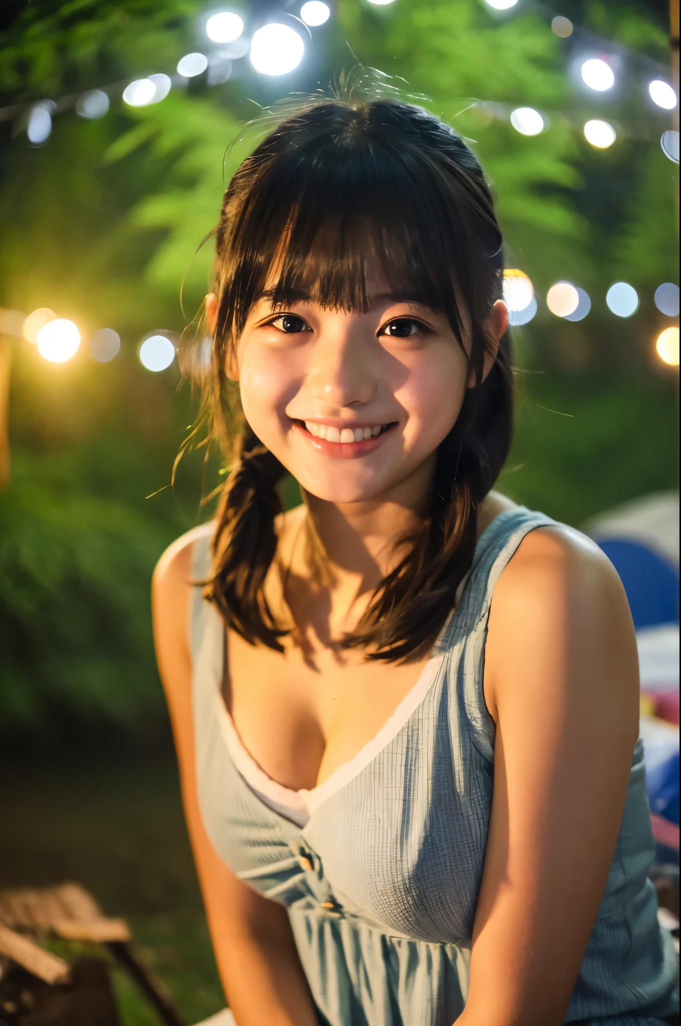 cute,  アイドルのようにcute16歳少女、Smiling Kindly、Cleavage、Forest campsite at night、Dim lighting、bonfire、whole body、RAW Photos、Genuine、Real、Realスティック、Raw photo、High resolution、Life、No copyright notice