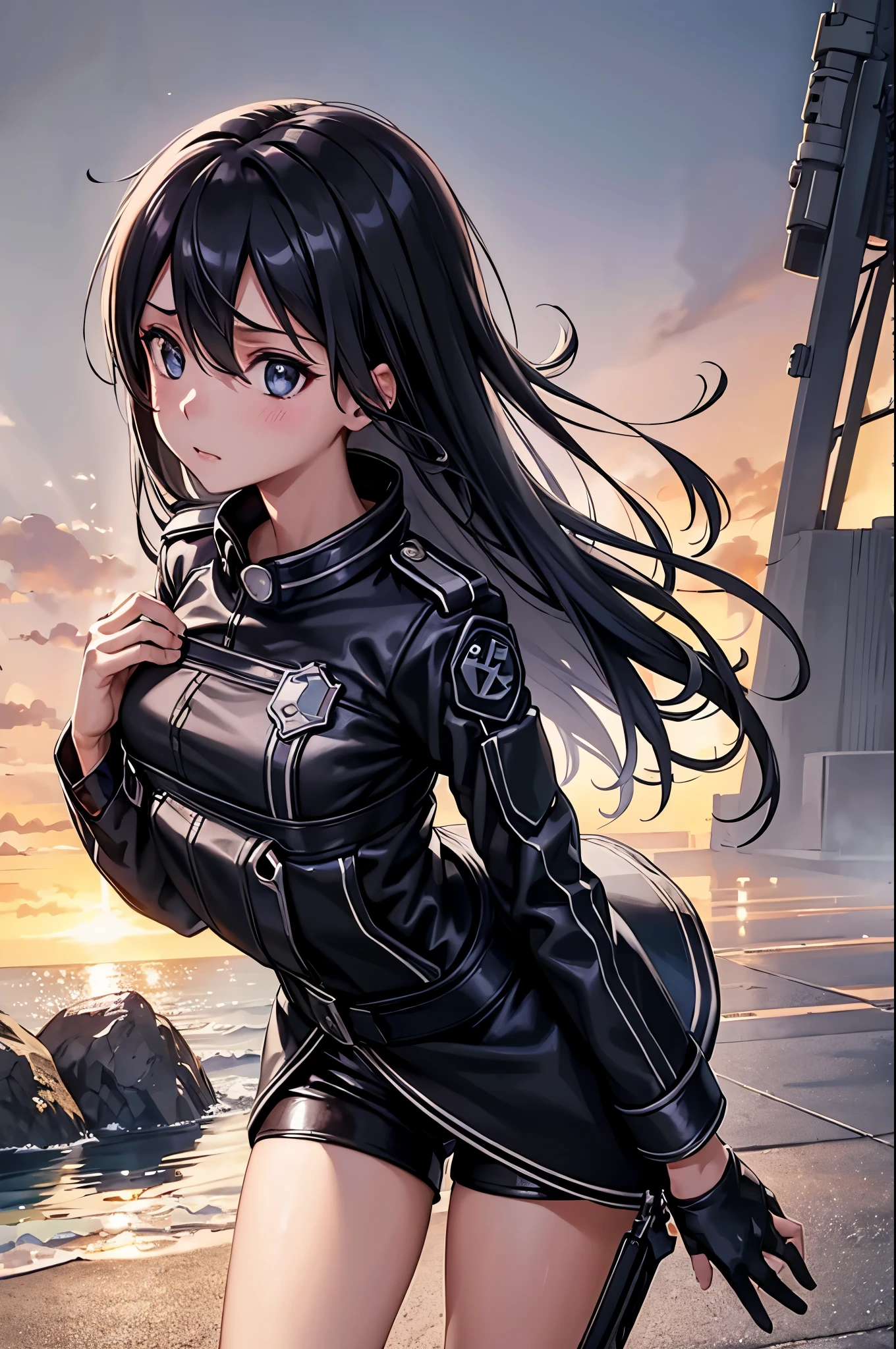 (masterpiece), best quality, expressive eyes, perfect face, highres, 1girl, solo, (female:1.5), kirito, black hair, long hair, black eyes, hair between eyes, black jacket, open jacket, black shirt, black pants, black fingerless gloves, modern city, blushing, worried face, standing, upper body portrait, looking at the viewer
