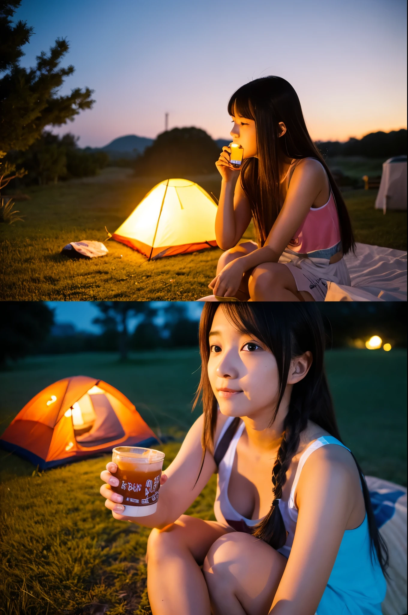 cute,  15歳のアイドルのように幼く見えるてcute20歳の日本人少女、Cleavage、Campsite at night、bonfire、drink alcohol、whole body、RAW Photos、Genuine、Real、realism、Raw photo、High resolution、Life、No copyright notice