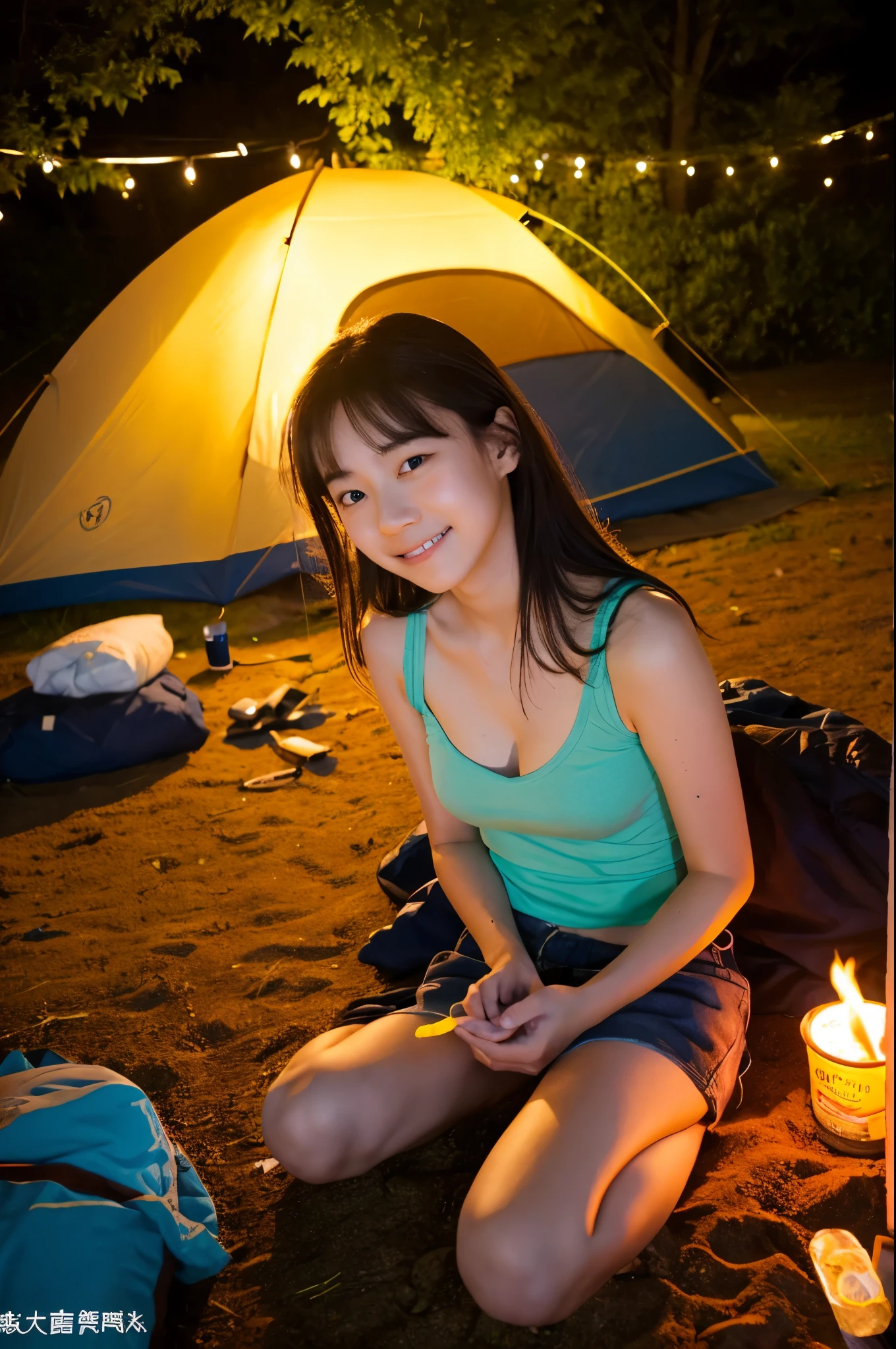 cute,  アイドルのようにcute16歳少女、Smiling Kindly、Cleavage、White underwear、Campsite at night、Bed in a tent、Lying face up and asleep、Dark lighting in a cinema、whole body、RAW Photos、Genuine、Genuine、Genuineスティック、RAW Photos、High resolution、Life、No copyright notice