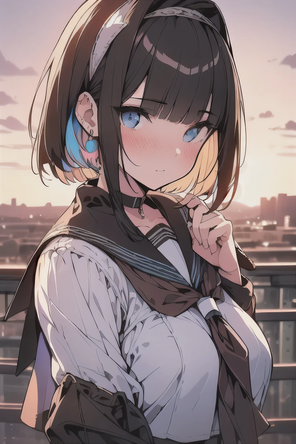 (best quality), (Super detailed), (Best Illustration), (masterpiece), (woman), high contrast, {(serafuku:1.2)}, (large breasts), {brown hair, (sideburns), (bob cut:1.3), curly hair, hairs between eyes, colored inner hair}, {(detailed eyes), blue eyes}, blush, earring, wind, (botanical railroad)