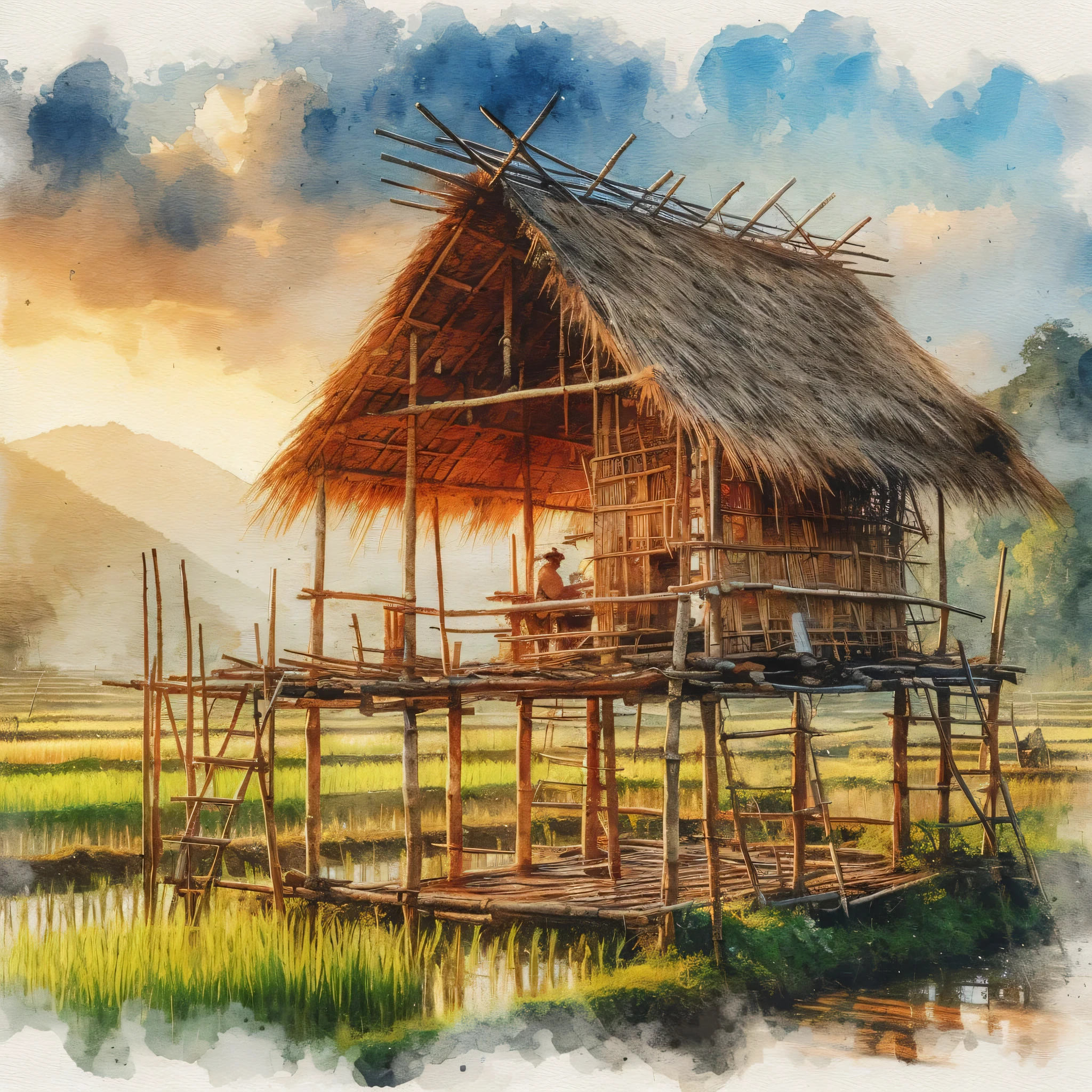 high resolution, high detail, thailand, an old workers bamboo shelter on a rice field in the background, Watercolor, trending on artstation, sharp focus, studio photo, intricate details, highly detailed, by greg rutkowski