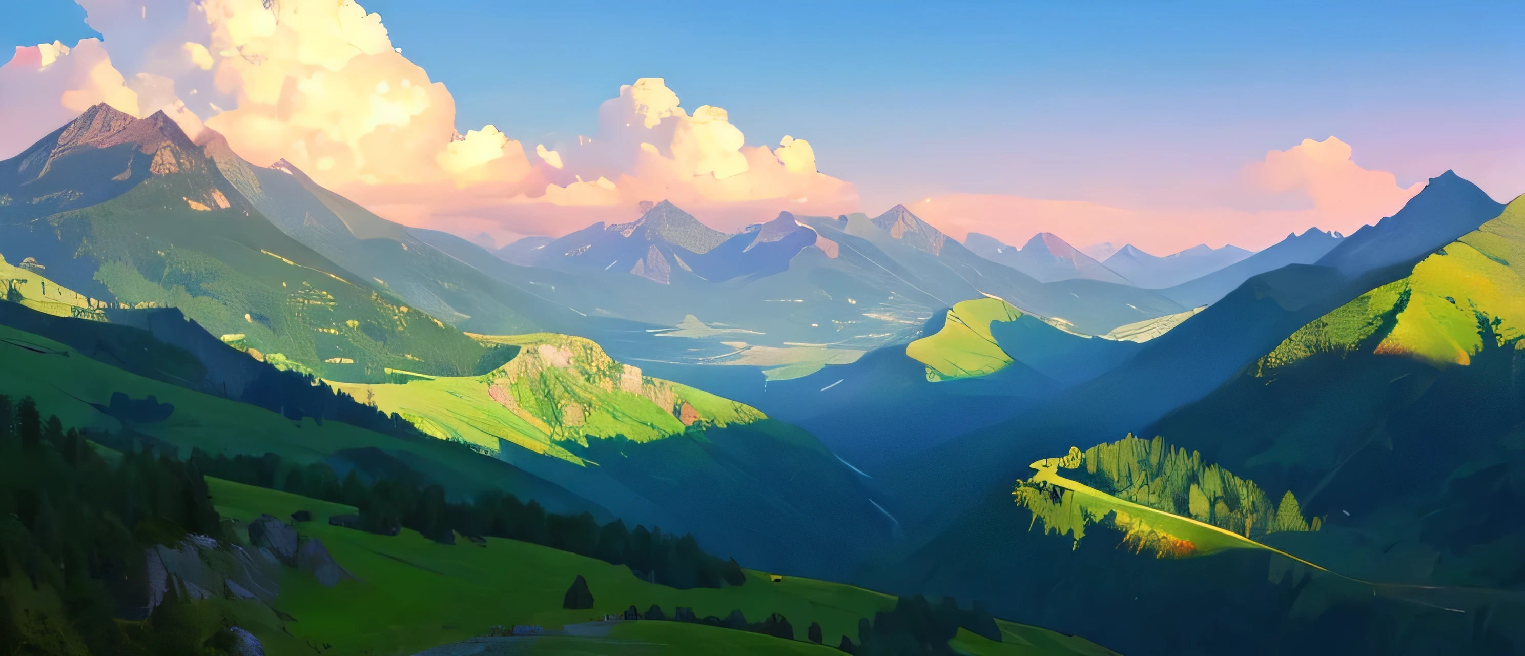 vast morning sky with green mountain peaks on both sides of the picture, digital art