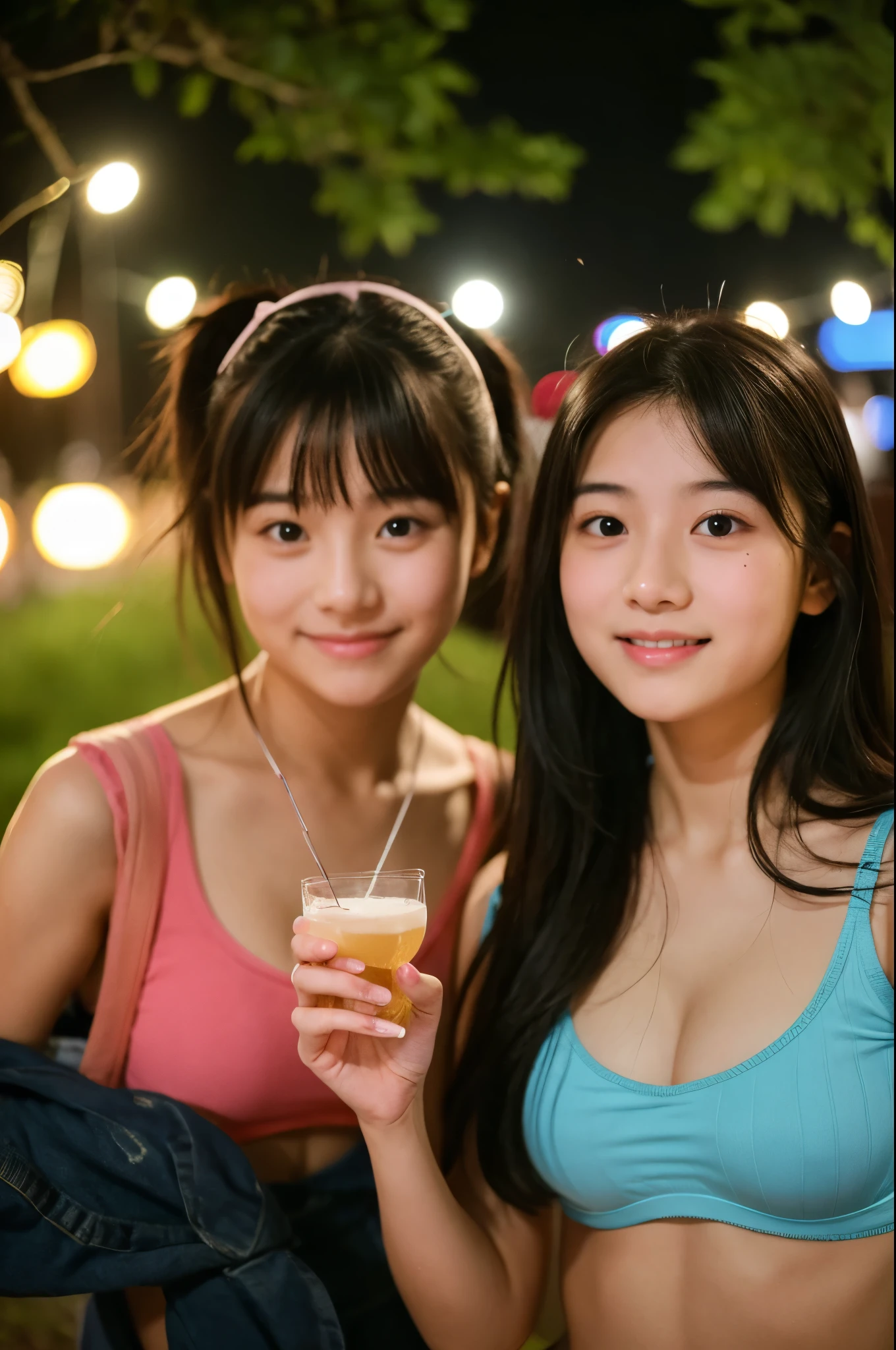 cute,  15歳のアイドルのように幼く見えるてcute20歳の日本人少女とやさしい中年の男、Cleavage、Campsite at night、Two people drinking whiskey、whole body、RAW Photos、Genuine、Real、realism、Raw photo、High resolution、Life、No copyright notice