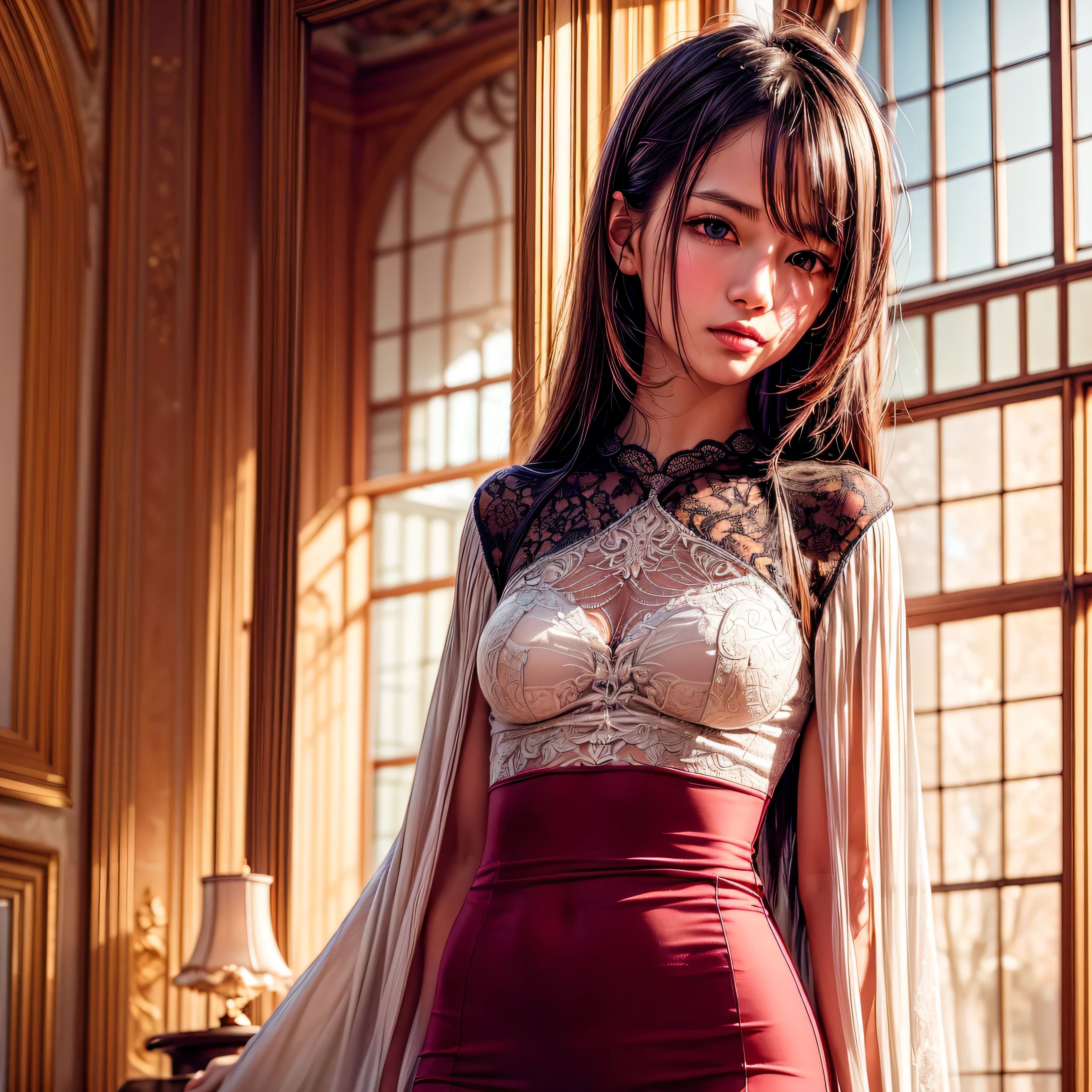 (highest resolution, distinct_image) best quality, woman, masterpiece, highly detailed, semi-realistic, 21 years old, cute, young, beautiful, interior, modern bedroom, window, wake up, morning, blush, thick thighs, wide hips, thin waist, tall, coral, (sweat: 1.2), (wet), sexy, blush, long skirt, wear long dress, light red long dress, light red t-shirt, light red shirt