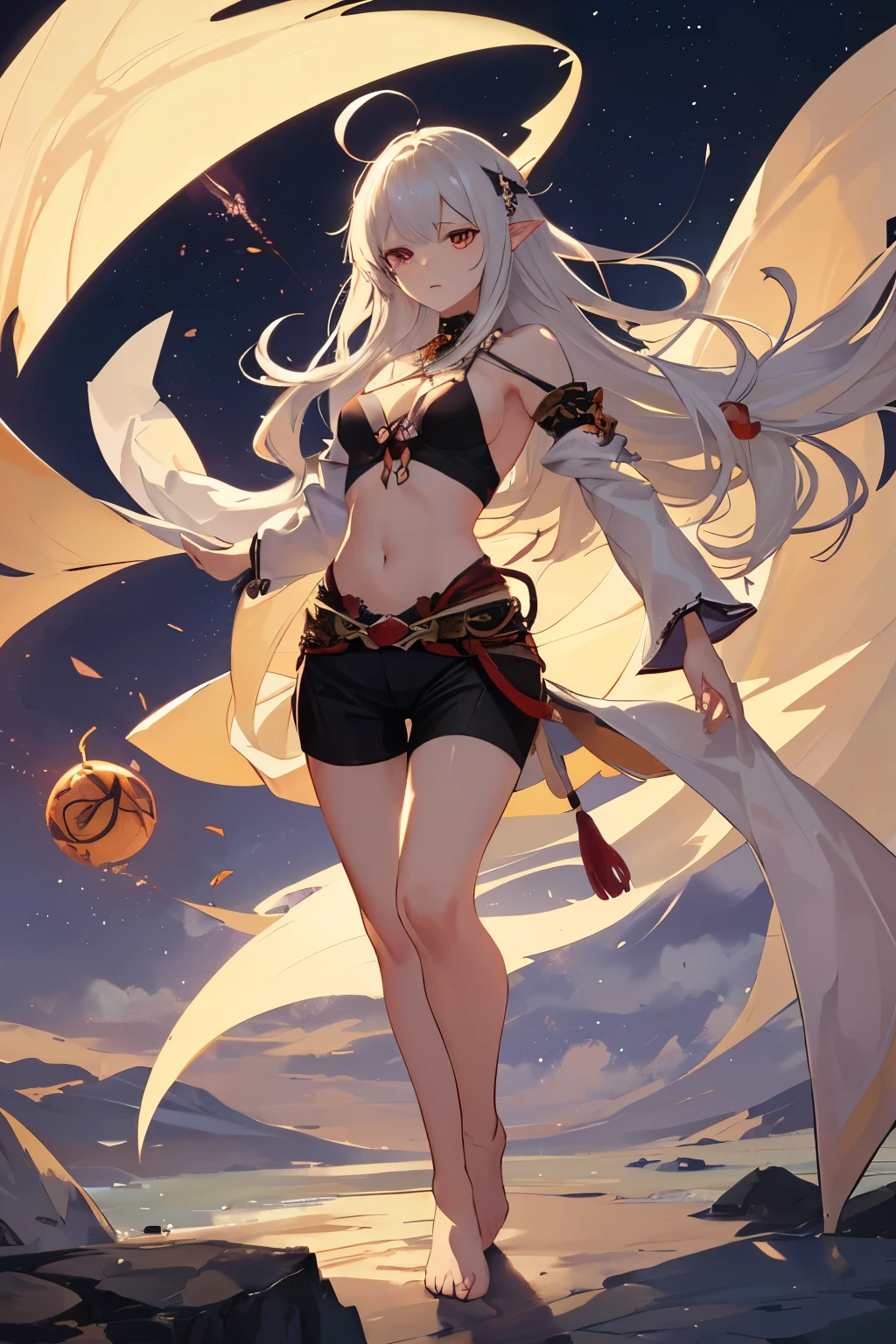 straight view,
standing upright.
young beautiful elf,a vampire,a monk,
одеяния a monkа,
very detailed face and body,
long ash hair,
Red eyes,
serious expression,
dark open top on the chest,
shorts,
without shoes,
chest cutout,
open chest size 2,
possesses the magic of the elements of wind,
flies with wind magic high in the sky and demonstrates an aerial attack with his right hand,
32k.