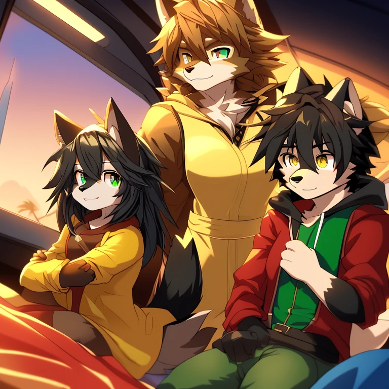 Sfw, (wolf boy) (wolf girl) ((((wolf boy brown fur)))) ((((wolf girl black fur)))) (10-year-old (female black wolf child), (bright green eyes), ((black fur, extremely long black hair))) (11-year-old (boy brown wolf child), (bright gold eyes), ((brown fur, short messy brown hair))) ((wolf girl yellow dress, newsboy-cap)) ((wolf boy gray-green jacket, khaki pants, hood down)) Fluffy anthropomorphic wolf, Fluffy wolf nose, wolf tail, Body fur, (detailed eyes)