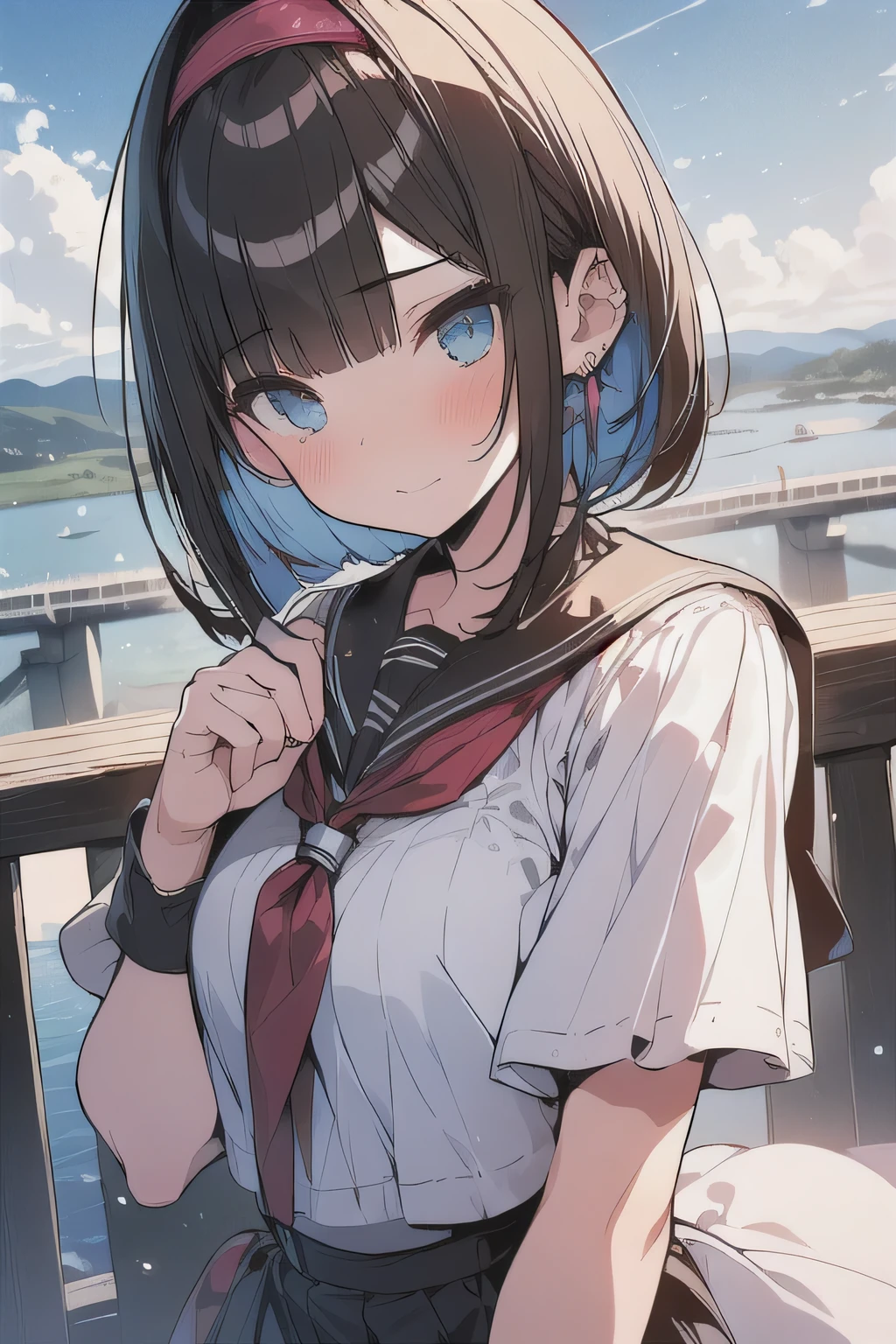 (best quality), (Super detailed), (Best Illustration), (masterpiece), (woman), High Contrast, upper body, (white serafuku), (large breasts), {(detailed eyes), blue eyes}, {brown hair, (sideburns), (bob cut:1.3), curly hair, hairs between eyes, colored inner hair}, blush, earring, hair band, (wind), beautiful sky, (panoramic view:1.4)