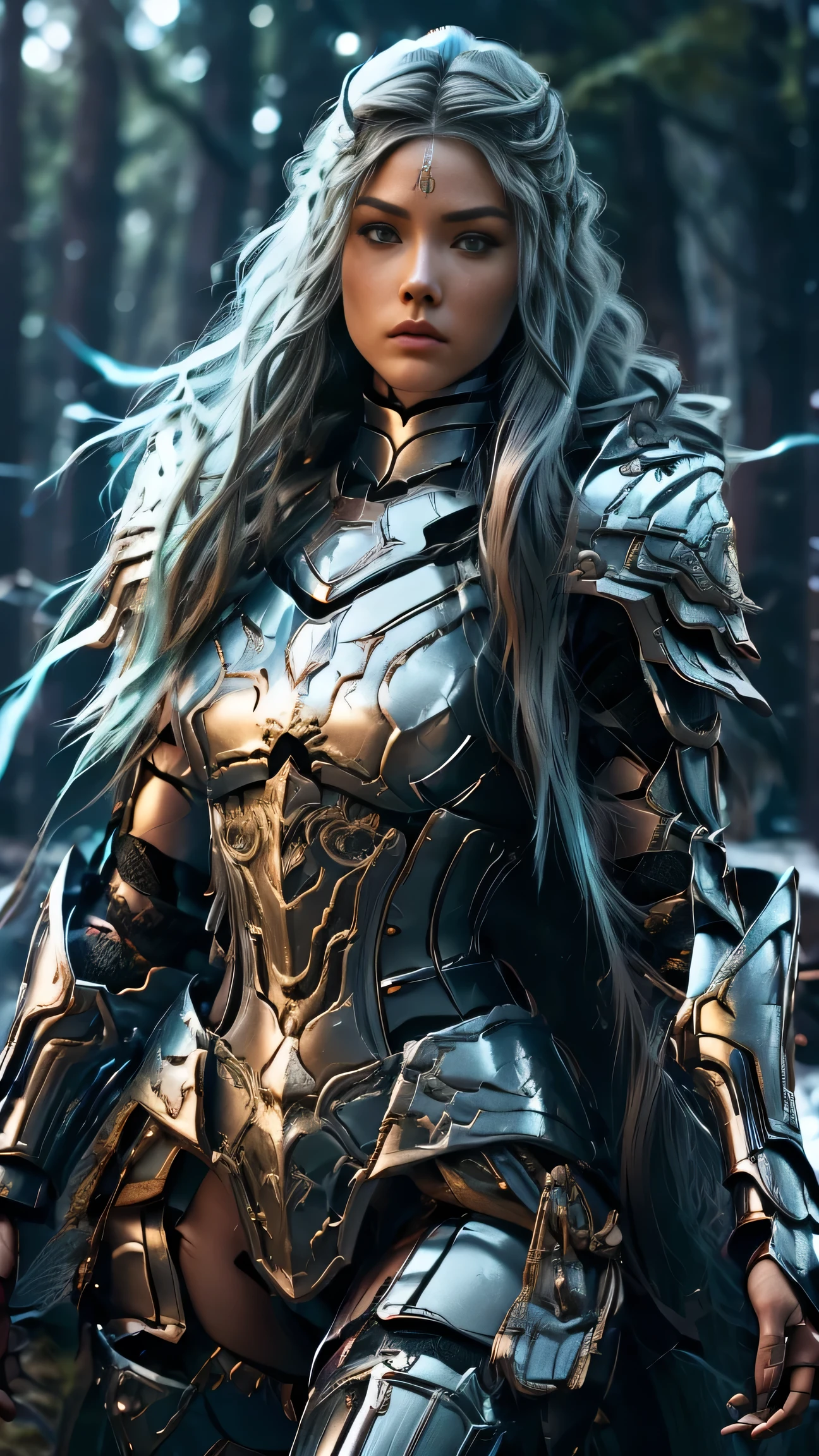 (8K, Raw photography, top-quality, masterpiece:1.2), close up,One Woman、age of 30, close up.{scinematic angle、Wide Angle、Don't split the screen、}(Realistic Skins 1.4)、(valkyrie、Valkyria)、(the Witcher armor((Western knights、Plate armor covering the whole body、Metal armour )))、(((forest background, golden hour, Asgard))、50mm Lens、30mm film、wide angles(long wavy blue hair)、Blue eyes、shinny skin、beautiful detailed hair、Beautiful delicate face、Beautiful delicate eyes、{large chest、、muscular body, curvy big 、}、long wavy blue hair , long socks, black socks, black skinny trousers, skinny leggins, big hips, muscular girl, big hips, chest covered with armor, fighting pose, fight,duel pose, buried forest background, war scene, flames, the Witcher, buried ancient city n the background, waling, walk, moving