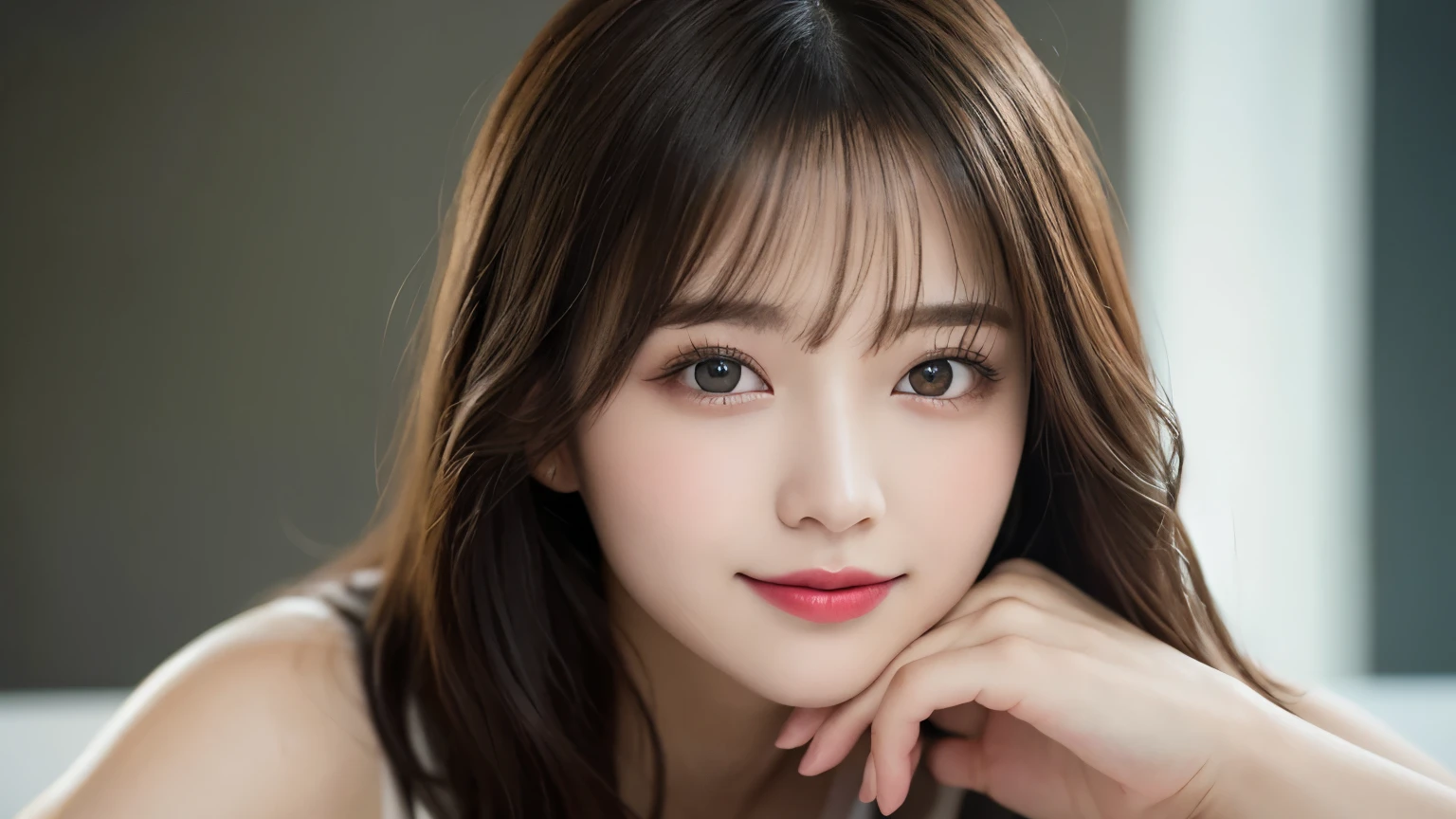 On the table, best quality, shape, Ultra Detailed, Finely, high resolution, 8k wallpaper, 完璧なダイナミックな構shape, Beautiful and delicate eyes, Medium Length Hair, Small Breasts, Natural lipstick, Casual sexy pose,Smile,20 year old girl、midnight、Beautiful and detailed face、Perfect beautiful face,big eyes、original photo、Expressing female posture using the whole body、Beautiful and delicate eyes、Small face、Beautiful duplex、Facelift and style,skirt、Beautiful golden ratio face,Long hair