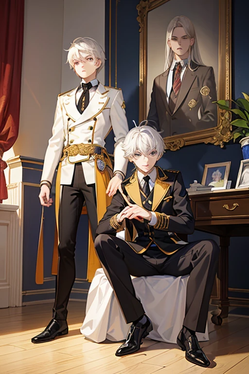 anime - style photo of one man with short white hair and amber eyes in formal clothing sitting on a throne, anime key visual of elegant, delicate androgynous prince, aristocratic appearance, girls frontline style, imperial royal elegant clothing, from girls frontline, beautiful androgynous prince, aristocratic clothing, fine details. girls frontline, royal elegant pose, anime cover, one anime handsome man, official art