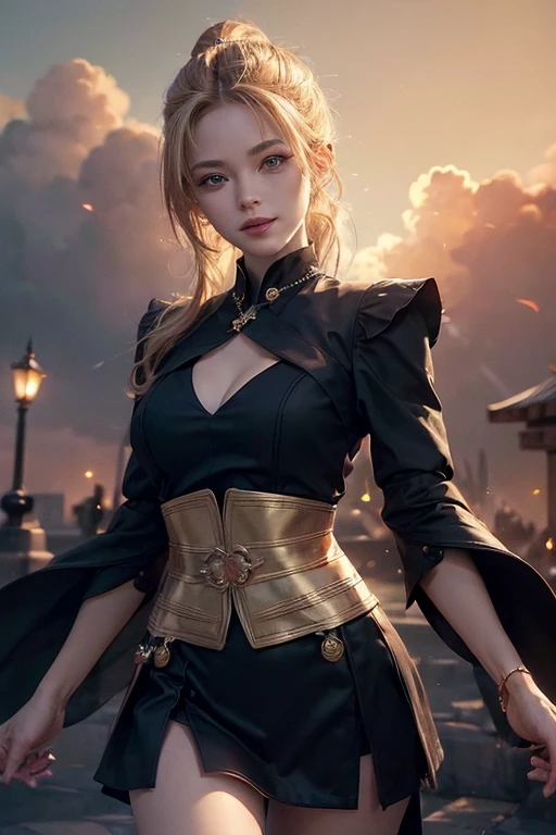 (master piece:1.8), (best quality:1.8), (exquisite lighting and shadow, highly dramatic picture, cinematic lens effect) 8k, wallpaper, looking at the viewer, open arms, female ponytail yellow gold hair thin and short fantasy witch wearing a smooth and futuristic black mini dress with gold ornaments and gold lines, black mini skirt, thin waist, hips, red ribbon in waist, beautiful blue eyes, beautiful lips, beautiful smile, shiny red flame behind, clouds and sky background, ethereal lightning, sharp focus
