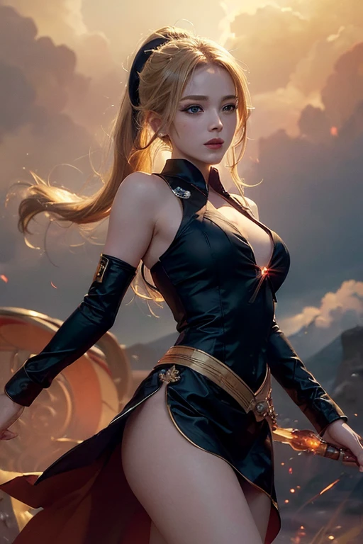(master piece:1.8), (best quality:1.8), (exquisite lighting and shadow, highly dramatic picture, cinematic lens effect) 8k, wallpaper, looking at the viewer, open arms, female ponytail yellow gold hair thin and short fantasy witch wearing a smooth and futuristic black mini dress with gold ornaments and gold lines, black mini skirt, thin waist, hips, red ribbon in waist, beautiful blue eyes, beautiful lips, beautiful smile, shiny red flame behind, clouds and sky background, ethereal lightning, sharp focus
