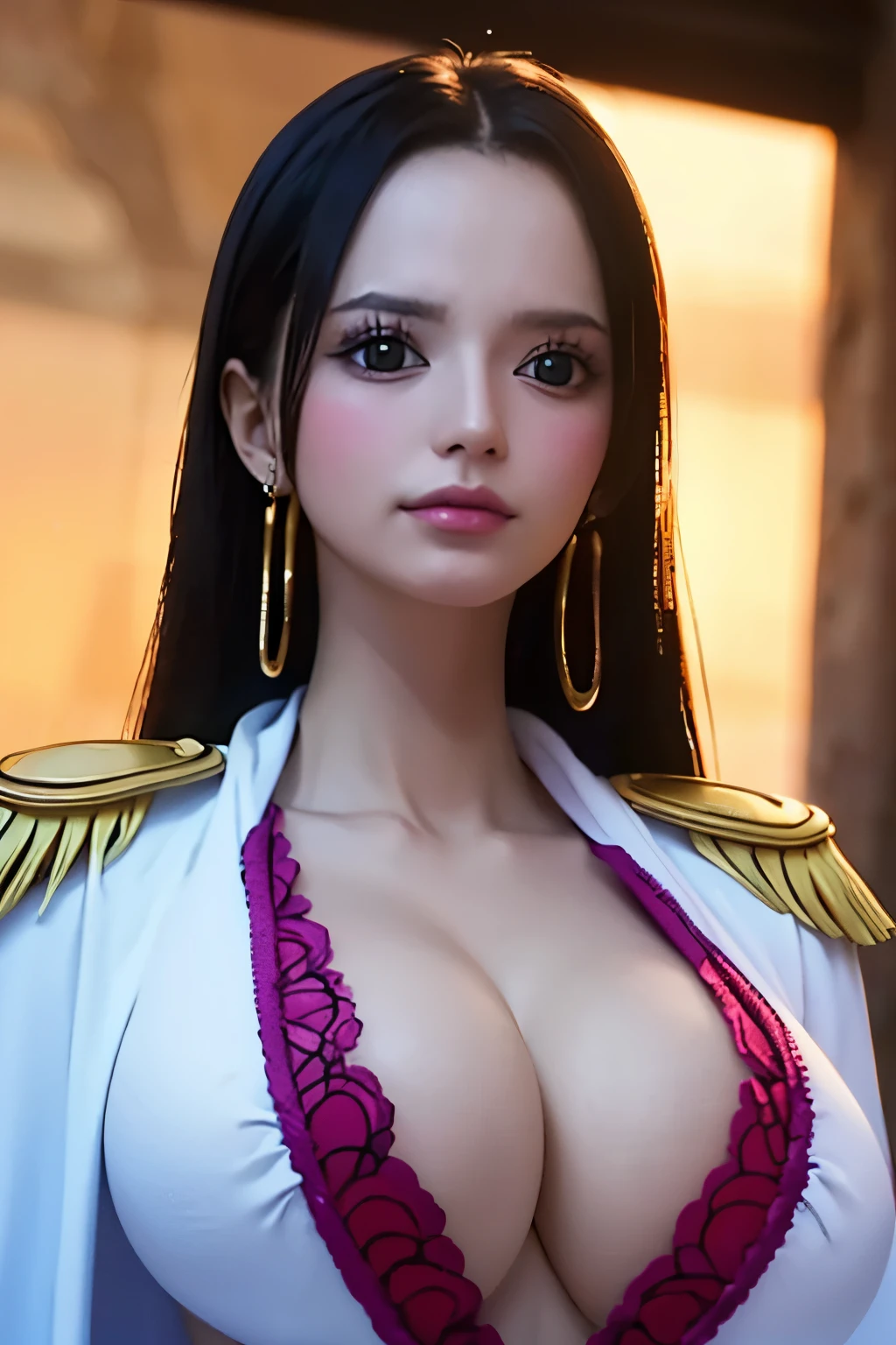 (masterpiece), (best quality), (realistic), Nikon RAW photo, Fujifilm XT3, (detailed, 21 years old young lady captain, big eyes, snake golden earring, looking away), sensual, (ultra detailed), 8k, 4k, intricate, upper_body, detailed_face, best lighting, outdoors, makeup, bleach background, low rise,(masterpiece, best quality:1.4), (face focus:1.5), outside, (near the sea), 1girl, solo, hancock1, 1girl, boa hancock, ((natural big breasts:1.6)), cleavage, long hair, epaulettes, cape, (white cape:1), crop top, long sleeves, side slit, (european youth woman:1), looking at viewer, beautifull smile, beautiful face, highly detailed face, highly detailed eyes, subsurface scattering, realistic pupils, full face blush, full lips, detailed background, depth of field, volumetric lighting, sharp focus, absurdres, realistic proportions, (realistic, hyperrealistic:1.4), 16k hdr, full body shots