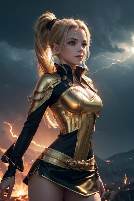 (master piece:1.8), (best quality:1.8), (exquisite lighting and shadow, highly dramatic picture, cinematic lens effect) 8k, wallpaper, looking at the viewer, open arms, female ponytail yellow gold hair thin and short fantasy witch wearing a smooth and futuristic black mini dress with gold ornaments and gold lines, black mini skirt, thin waist, hips, red ribbon in waist, beautiful blue eyes, beautiful lips, beautiful smile, shiny red flame behind, clouds and sky background, ethereal lightning, sharp focus