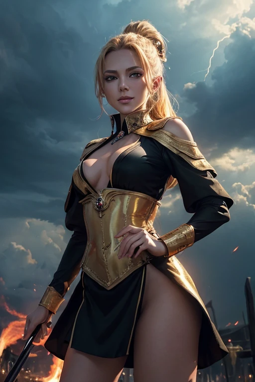 (master piece:1.8), (best quality:1.8), (exquisite lighting and shadow, highly dramatic picture, cinematic lens effect) 8k, wallpaper, looking at the viewer, open arms, female ponytail yellow gold hair thin and short fantasy witch wearing a smooth and futuristic black mini dress with gold ornaments and gold lines, black mini skirt, thin waist, hips, red ribbon in waist, beautiful blue eyes, beautiful lips, beautiful smile, shiny red flame behind, clouds and sky background, ethereal lightning, sharp focus
