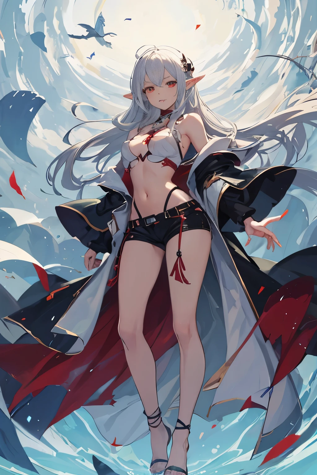 Female nine-tailed fox, Shrine costumes, Sexy body shape, Masterpieces, Chilly aroma, Croatian tattoos, Wet body detailed, lying on the ground, Bright red pupils, Cherry blossoms fall, Moonlight Japanese architecture background, Red rope accessories, Fur white scarf, bell, moderately sized breasts, Tail detail, light make-up, 16k, , The main color is snow white, The secondary color is bright red, vignettes, Solo, Correction checks, Alcohol bottle