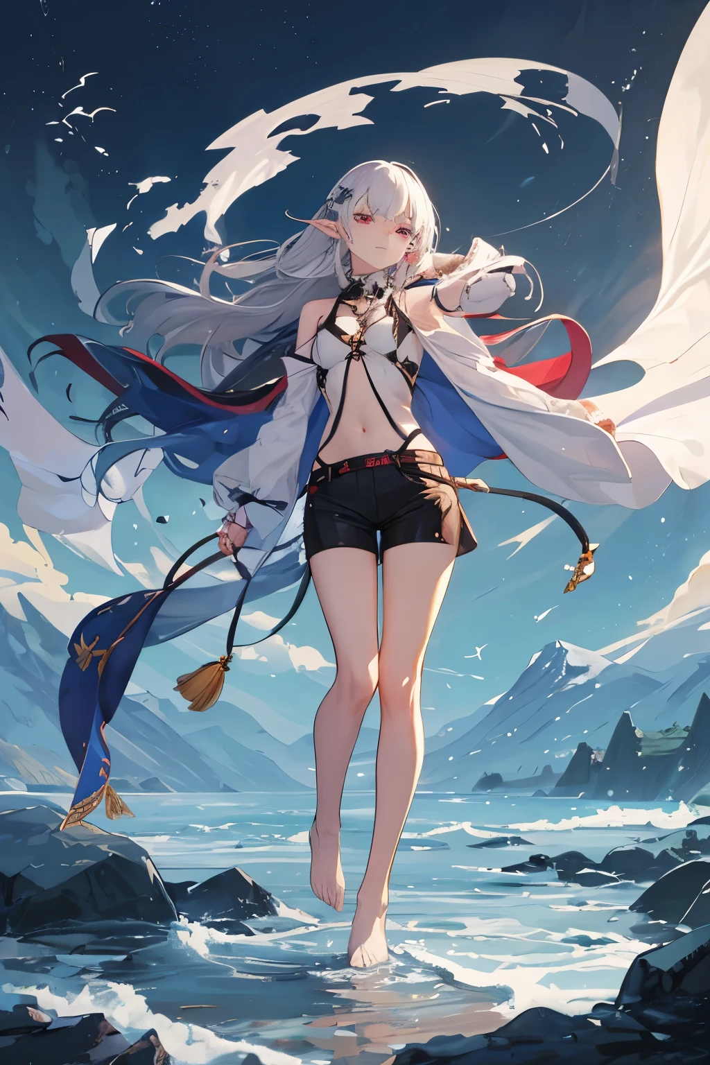 straight view,
standing upright.
young beautiful elf,a vampire,a monk,
одеяния a monkа,
very detailed face and body,
long ash hair,
Red eyes,
serious expression,
dark open top on the chest,
shorts,
without shoes,
chest cutout,
open chest size 2,
possesses the magic of the elements of wind,
flies with the help of wind magic high in the sky,
32k.
