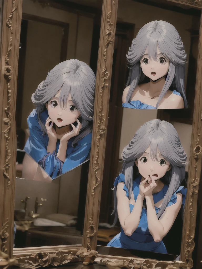 an image of, someone drinking a potion and transforming into a woman, their reflection revealing their surprised expression.