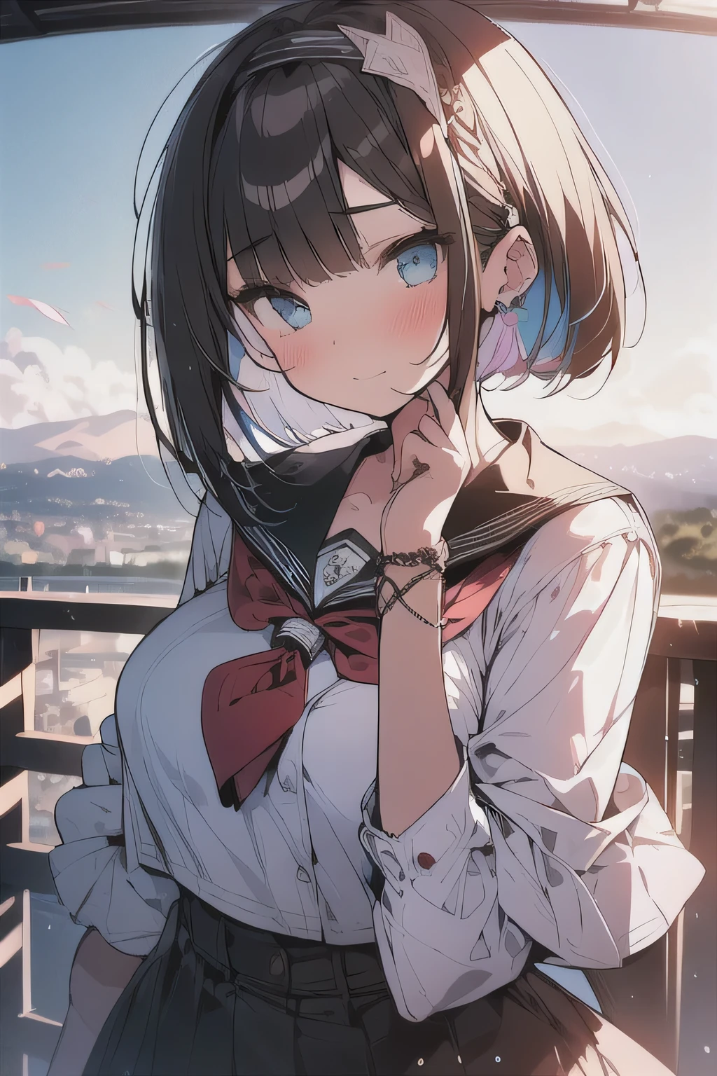 (best quality), (Super detailed), (Best Illustration), (masterpiece), (woman), High Contrast, upper body, (white serafuku), (large breasts), {(detailed eyes), blue eyes}, {brown hair, (sideburns), (bob cut:1.3), curly hair, hairs between eyes, colored inner hair}, blush, earring, hair band, (wind), beautiful sky, (panoramic view:1.4)