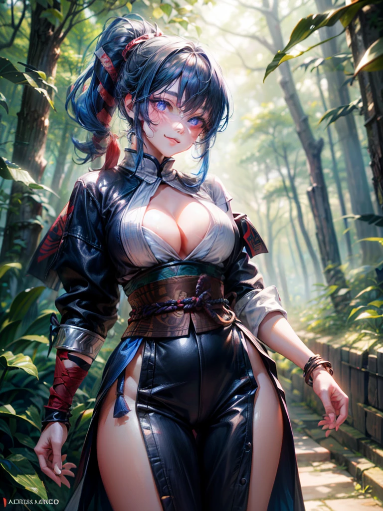 {{{masterpiece}}}, {{{best quality}}}, {{ultra-detailed}}, {cinematic lighting}, {illustration}, {beautifuly detailed eyes}, {1girl}, extremely detailed, 1girl, solo,  A full-body picture of a beautiful ninja warrior, blue hair in two long ponytails, warrior, playful smile, purple eyes, big breasts, cleavage, hourglass figure, outdoors, woodland background, highly detailed face and clothing, slightly narrow eyes, perfect face, fair skin, hair bangs, long hair, cowboy shot, noble beautiful, shinobi clothing, shinobi woman, I can see her entire body