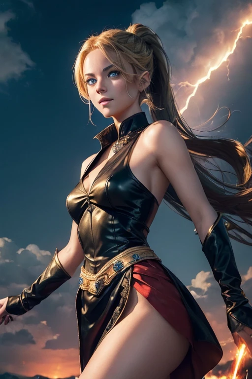 (master piece:1.8), (best quality:1.8), (exquisite lighting and shadow, highly dramatic picture, cinematic lens effect) 8k, wallpaper, looking at the viewer, open arms, female ponytail yellow gold hair on one side thin and short fantasy witch wearing a smooth and futuristic black mini dress with gold ornaments and gold lines, black mini skirt, thin waist, hips, red ribbon in waist, beautiful blue eyes, beautiful lips, beautiful smile, shiny red flame behind, clouds and sky background, ethereal lightning, sharp focus
