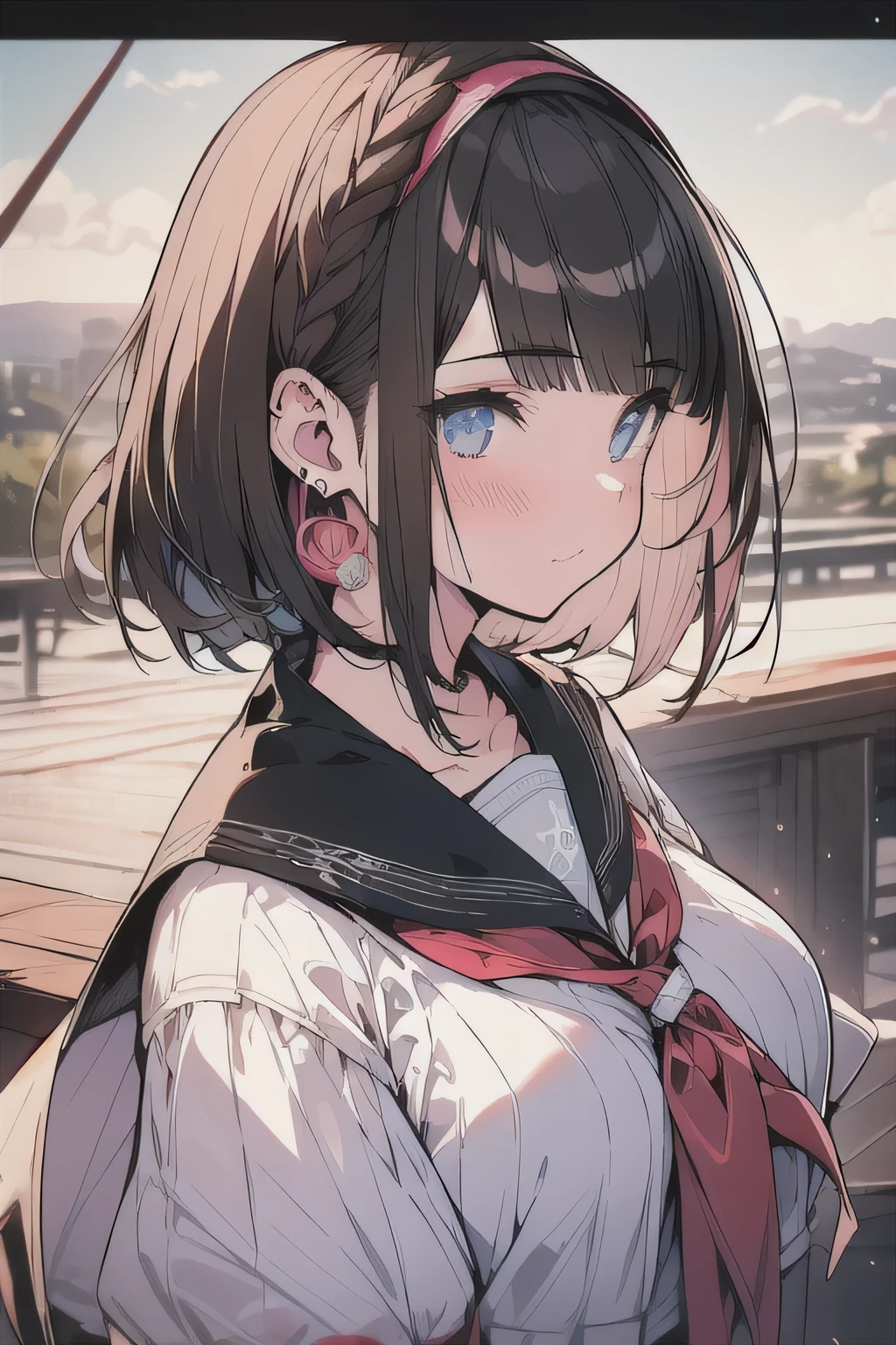 (best quality), (Super detailed), (Best Illustration), (masterpiece), (woman), High Contrast, upper body, (white serafuku), (large breasts), {(detailed eyes), blue eyes}, {brown hair, (sideburns), (bob cut:1.3), curly hair, hairs between eyes, colored inner hair}, blush, earring, hair band, (wind), beautiful sky, (panoramic view:1.4)