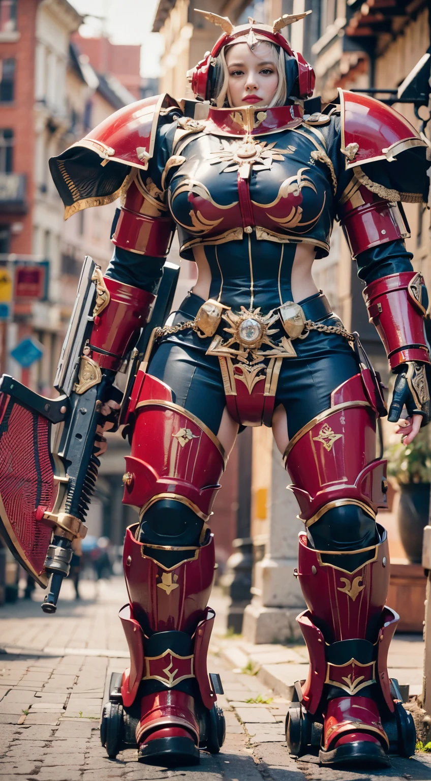 (The main subject: Wide-angle lens), salama,Singer Madonna as Marine Astartes, (Show on the(humongous large breast)Power mech) colours: red colour, (warhammer40k),Realistic metal mech,Standing in the street.(Best quality,4K,8K,A high resolution,Masterpiece:1.2),(Realistic,Photorealistic,photo-realistic:1.37), ultimate intricate details