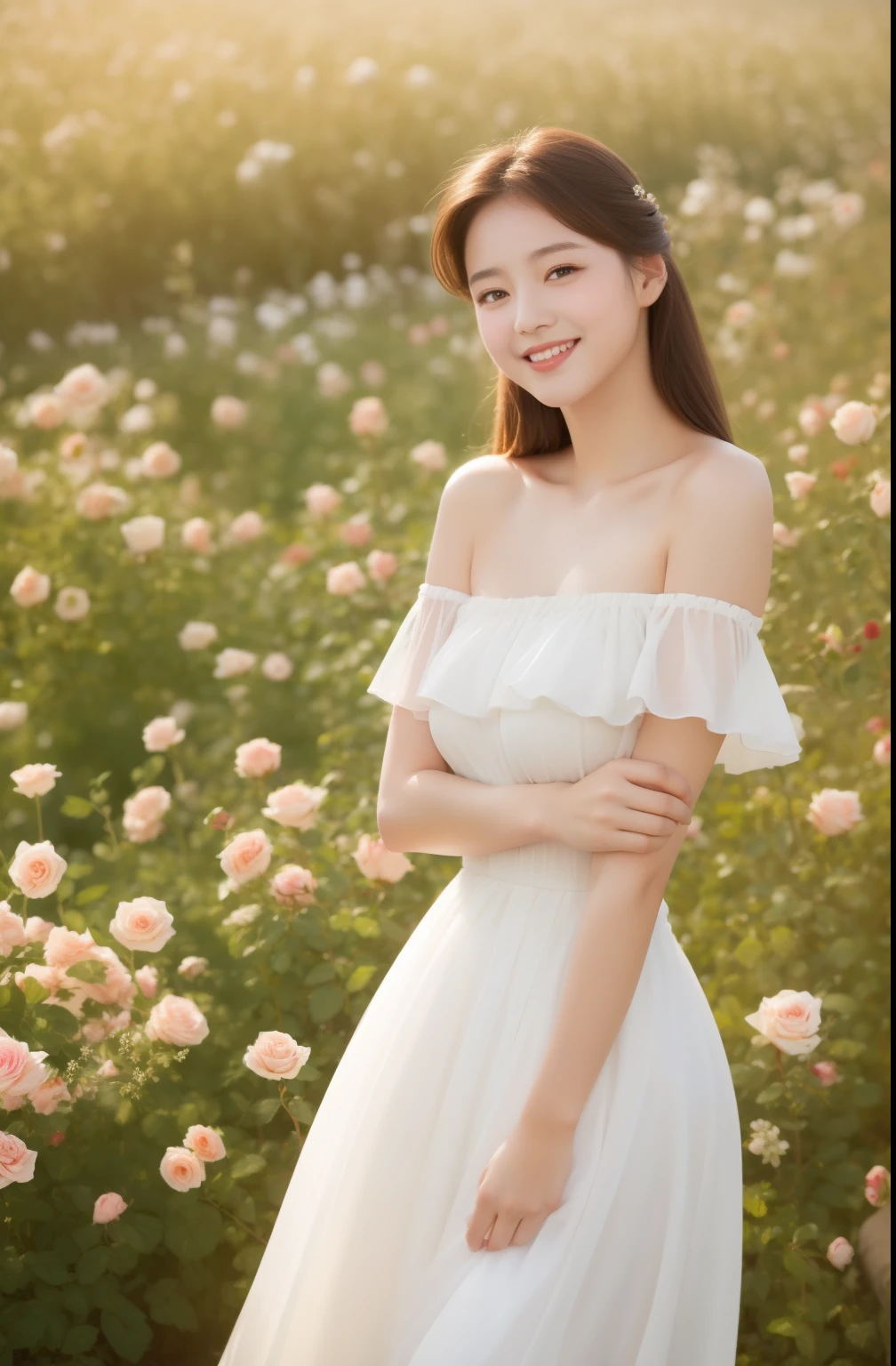 best quality, masterpiece, Ultra-high resolution, (Reality:1.4), original photo, 1 Girl, White Dress, Off-shoulder, Blooming roses field, glowing skin, A faint smile