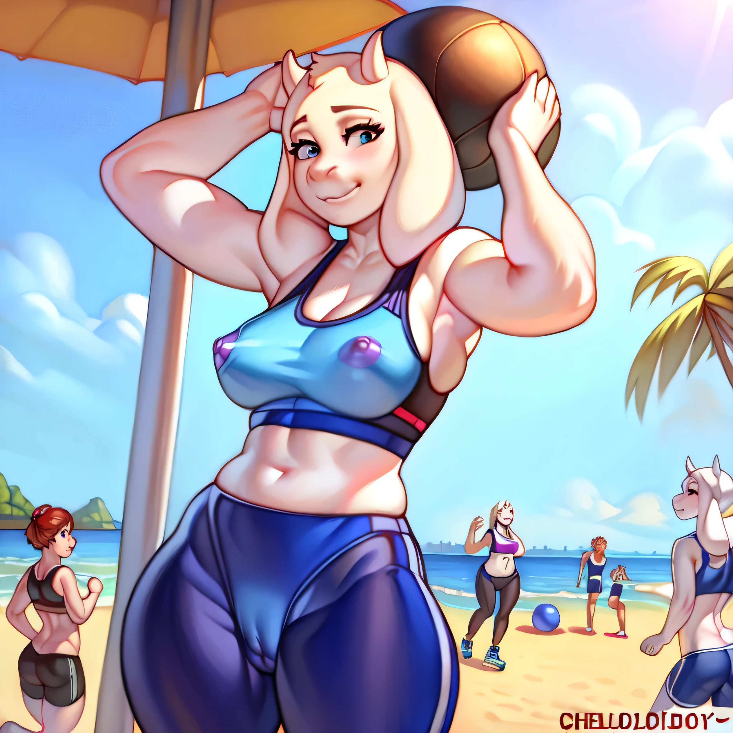 By chelodoy, Toriel, tight pants , cameltoe, sport bra see-through, erect nipples, exercise, beach, kids on the background watching 