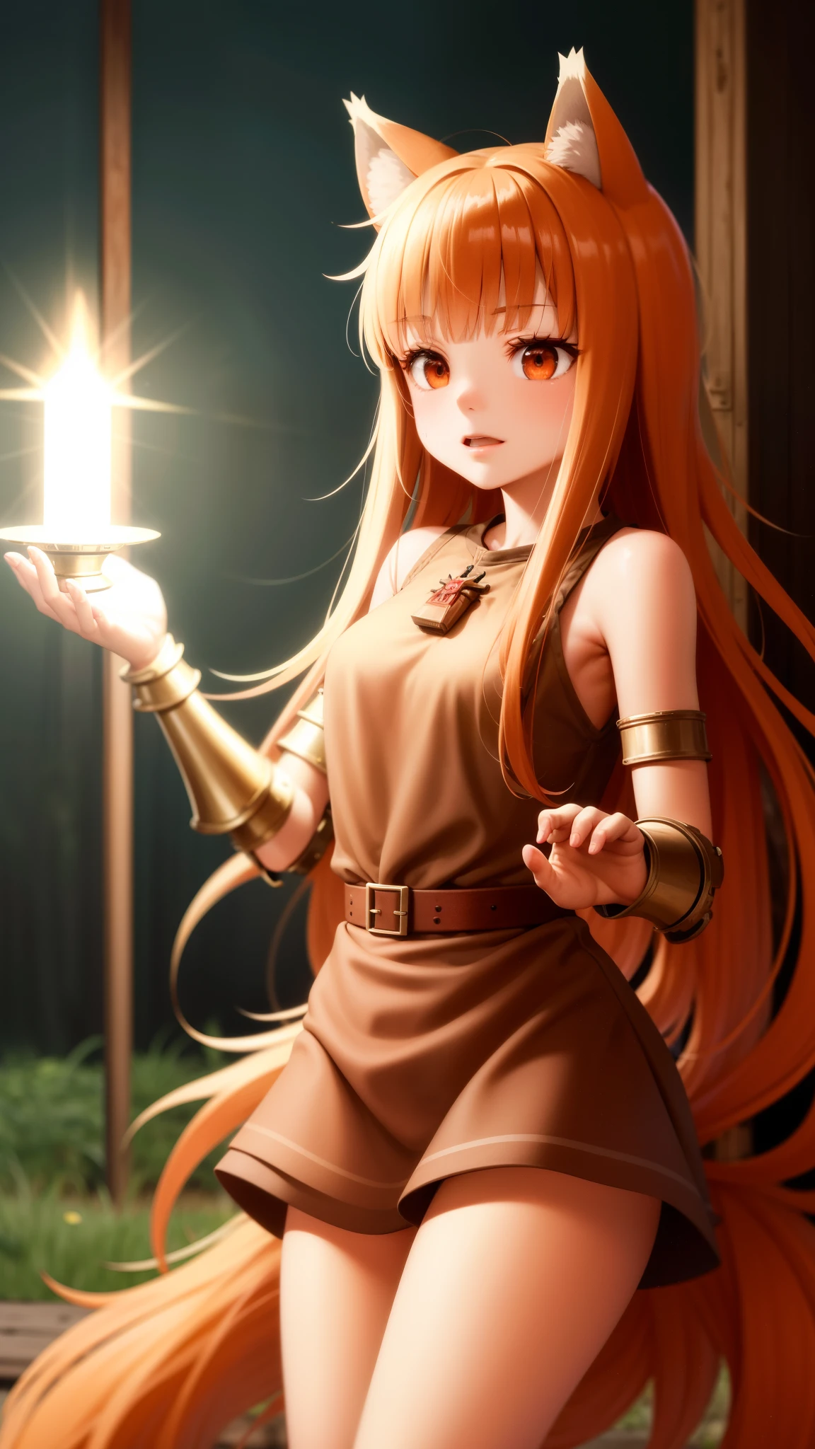 Ultra-detailed, HDR, UHD, ultra-fine painting, physical based rendering, extreme detail description, Professional, full-length portrait, landscape, style of Concept Artists, with a vibrant color palette, soft-lighting, 1girl, long hair, brown hair, animal ears, red eyes, wolf tail, necklace, ((wearing light goddess dress, holy light armor:1.5)), (with wolf ears), (red wolf girl, Wolf Female), (athletic strong body), (body scars, damaged), holy magic