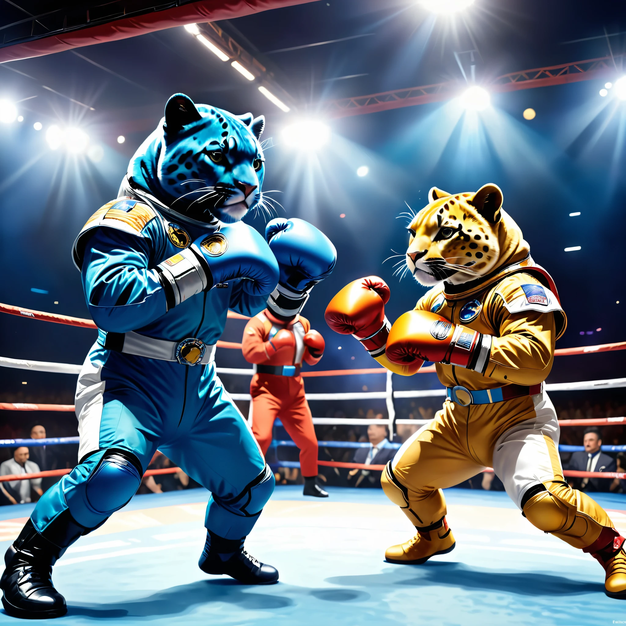 Dressed animals page, Boxing Match between 2 Panthers, dressed as astronauts, (dynamic movement),(action-packed),(boxing championship),(unleashing punches),