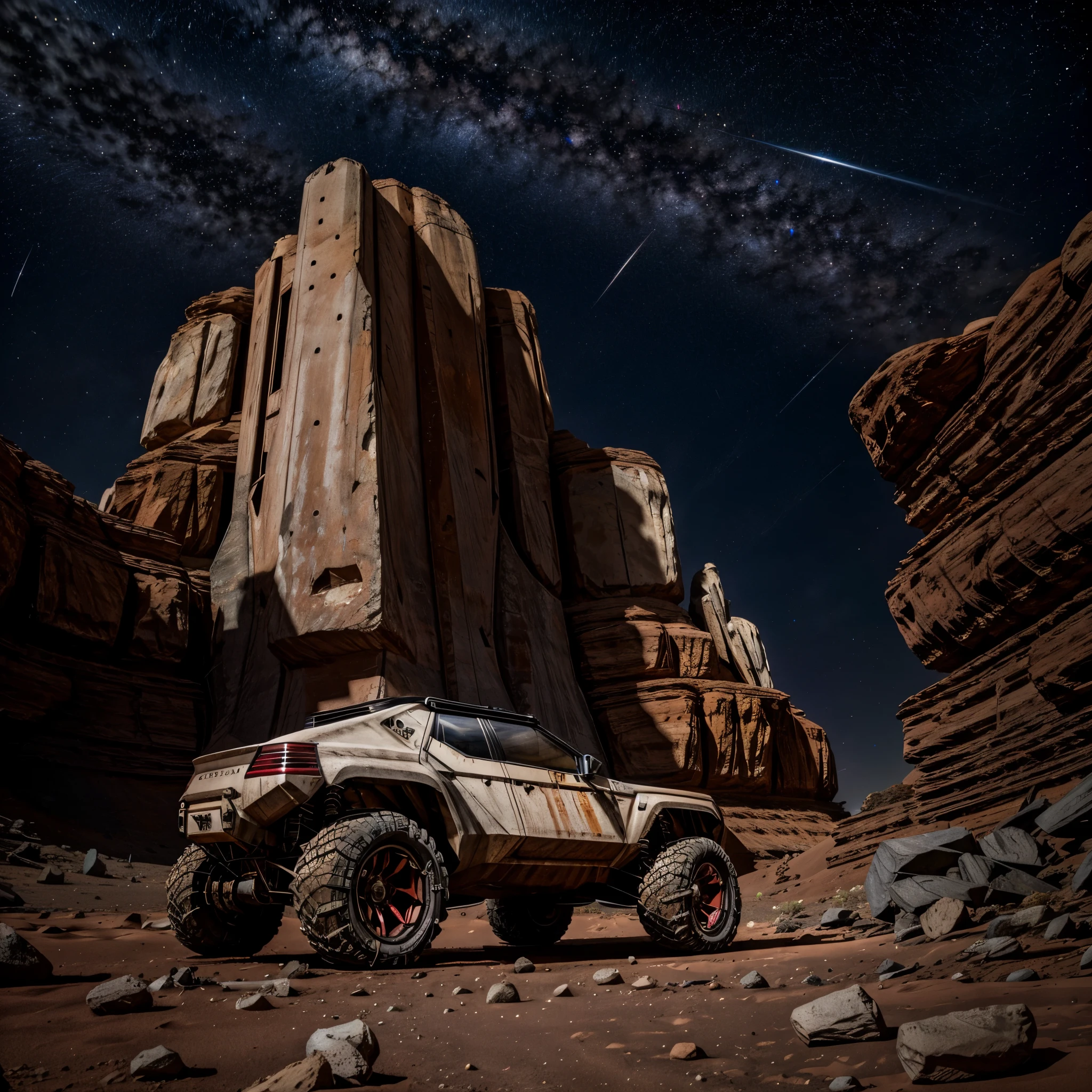 mars vehicle, 4x4 moth, tall vehicle, vehicle for rocky terrain, terreno de marte, rally vehicle, futuristic vehicle, futuristic vehicle em amrte, sky with moons and stars, universo, space, view of the earth from a distance, terreno vermelho, carro marte, camera with wider view, vehicle on mars