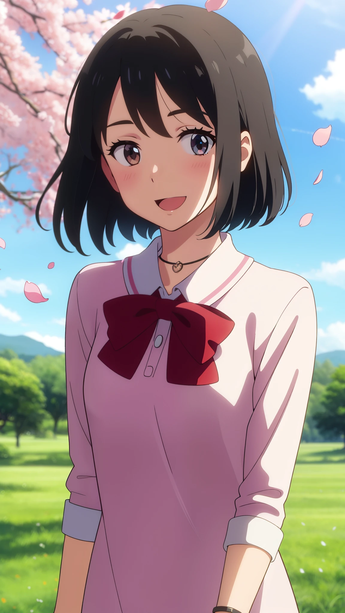(masterpiece, best quality, high quality, highres, ultra-detailed), shinkai makoto, kimi no na wa., 1girl, bangs, black hair, blush, bright eyes, brown eyes, headband, looking at the viewer, red bow, red headband, red ribbon, dress, white dress, short hair, medium breasts, solo, day, Outdoors, shinny skin, smile, happy, :D, bracelet, necklace, cherry_blossoms, falling_petals, petals, branch, pink_flower, blue_sky, sunlight, spring_season, wind, tree, upper-body portrait