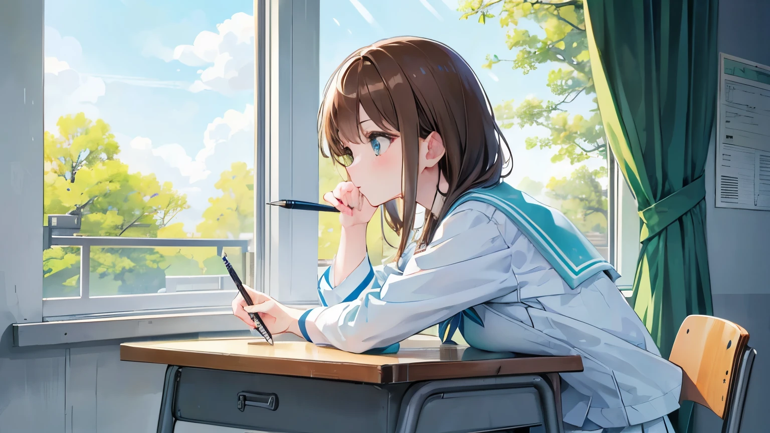 figure, Japanimation Style, super high quality, white, green, Light blue, The refreshing early summer season, Sunny day, Tokyo, Japanese, Brown Hair, high school girl, uniform, cute, beautiful girl, Profile close-up, School classroom, Modern reinforced concrete school building, Desk by the wall, Study while sitting in a chair, Hold the pen in your right hand, Write in a notebook, The window is open, green trees outside, white curtains in the breeze waving
