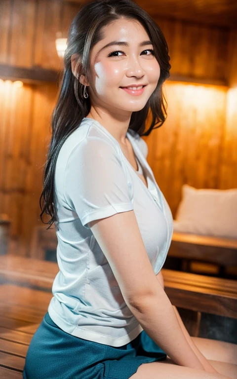 Highly detailed CG Unity 8k wallpaper, top quality, super detailed, masterpiece, realistic, photorealistic, highly detailed cute girl, (25 years old), blush, round eyes, medium breasts, full body shot, wearing tight shirt, sitting on sauna, focused into camera, wear short pleating skirt, wear earrings, wear bracelet, wear necklace, sweating body, wet body, sweat droplet on her body, shy smile, far angle photoshot, bath in sauna room, slipped her bra, thin smoke in the giril behind