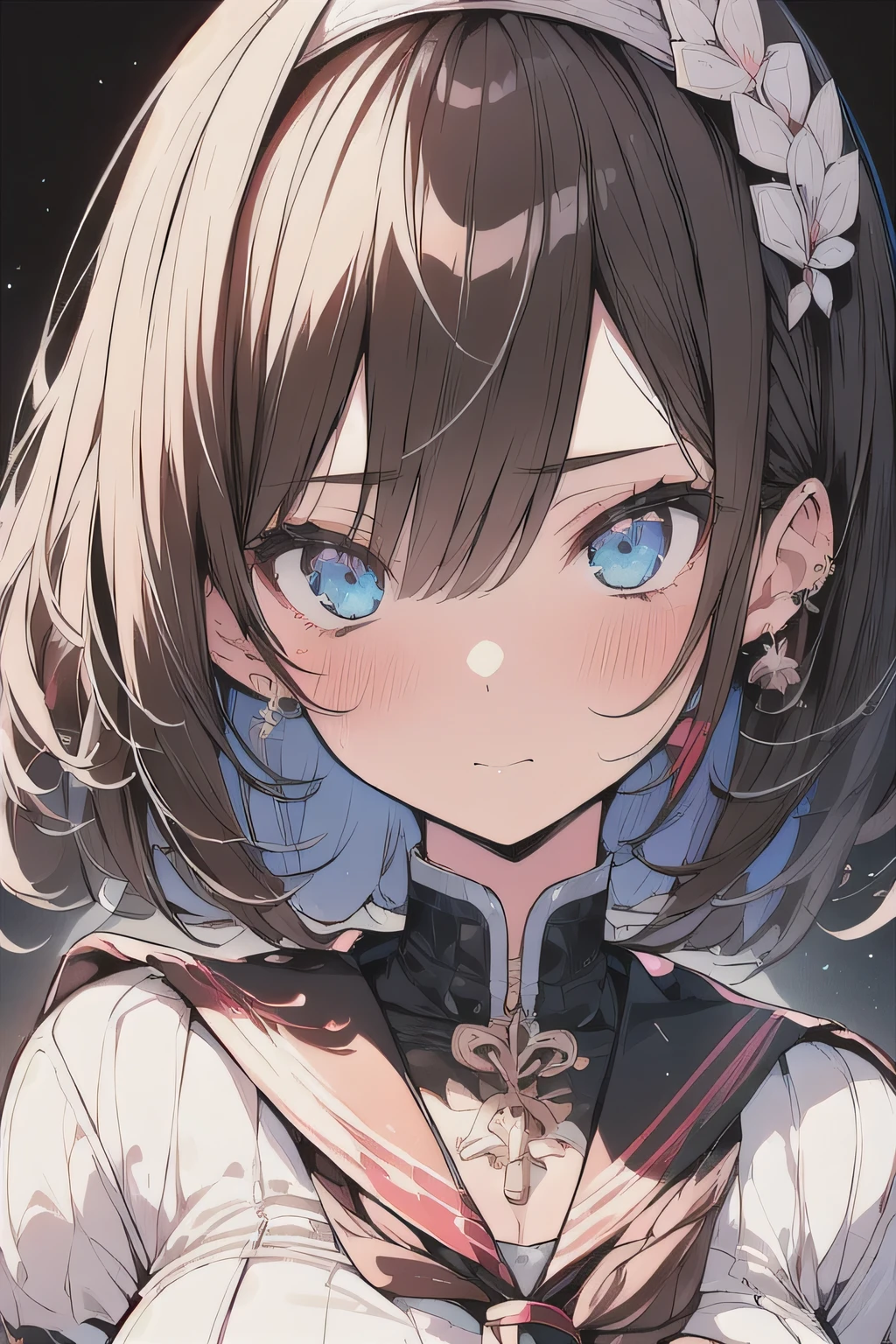 (best quality), (Super detailed), (Best Illustration), (masterpiece), (woman), upper body, (white serafuku), (large breasts), {(detailed eyes), blue eyes}, {brown hair, (sideburns), (bob cut:1.3), curly hair, hairs between eyes, colored inner hair}, blush, earring, hair band, (wind),